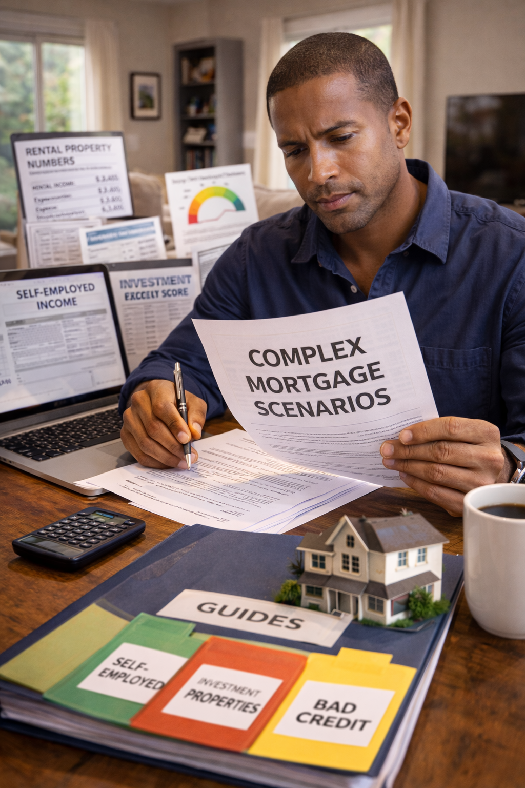 Borrower reviewing complex mortgage scenarios representing advanced and niche mortgage guides