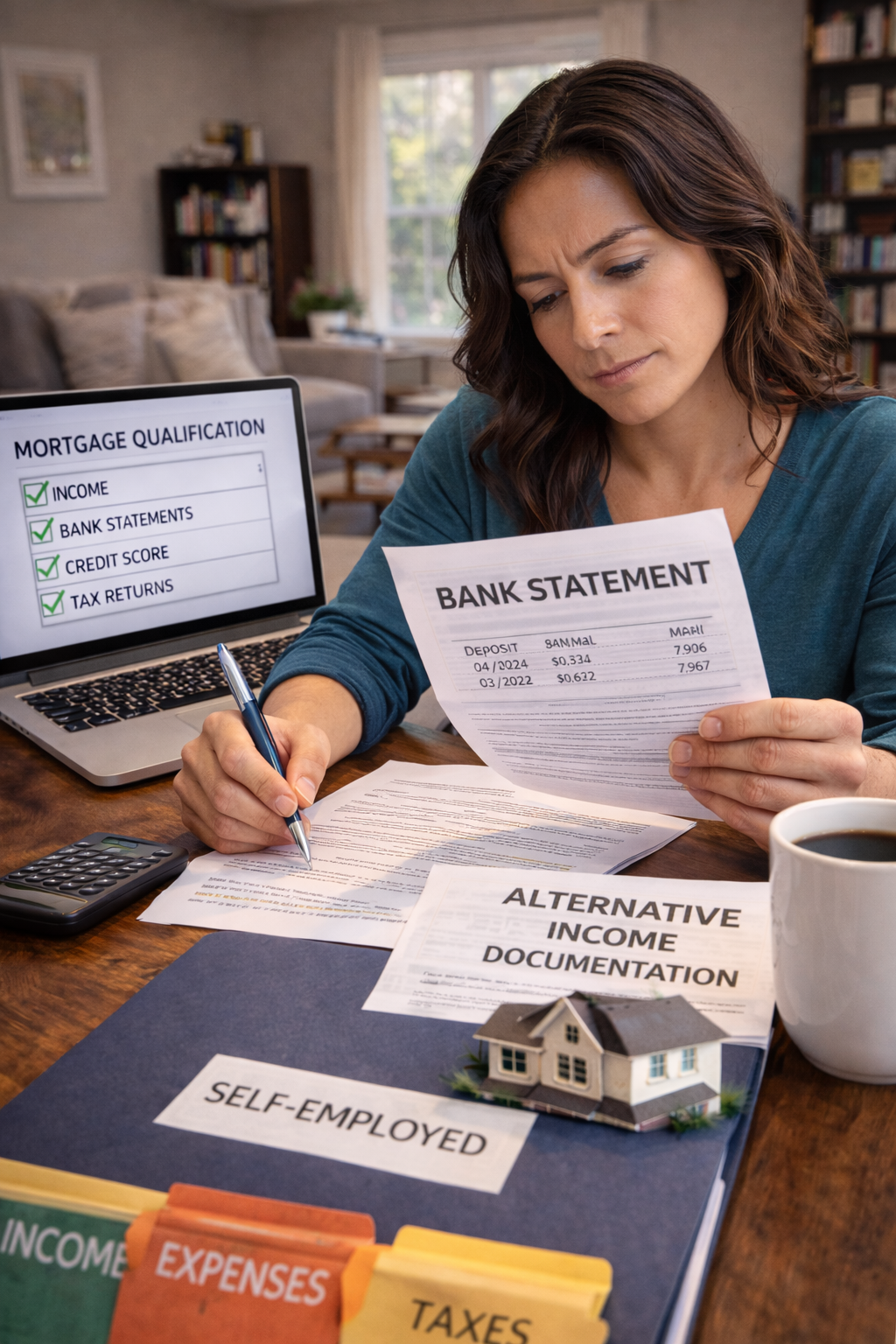 Self-employed borrower reviewing bank statements for mortgage qualification