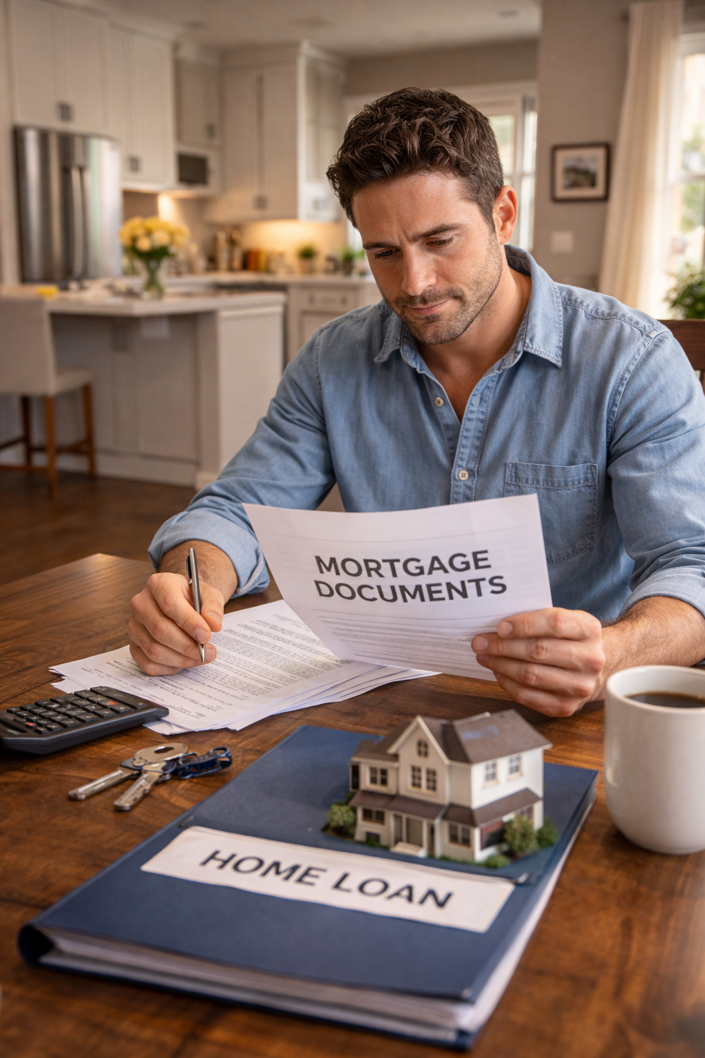 Homebuyer reviewing mortgage documents representing buyer mortgage guides and home loan education