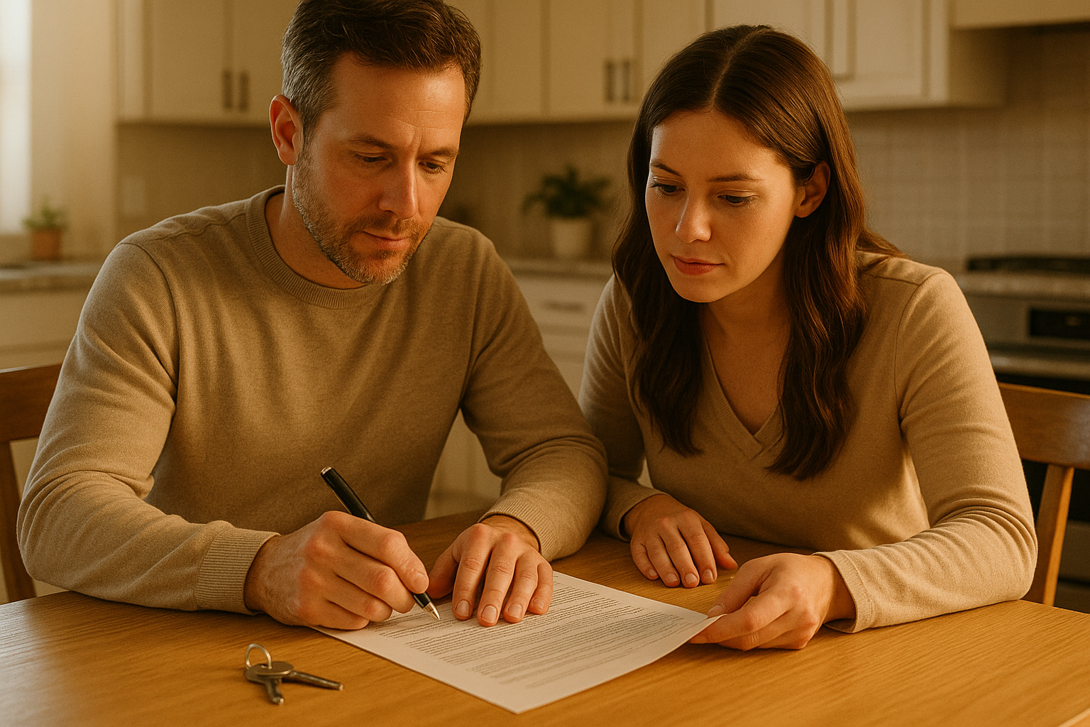Home buyers reviewing documents with keys in a new home