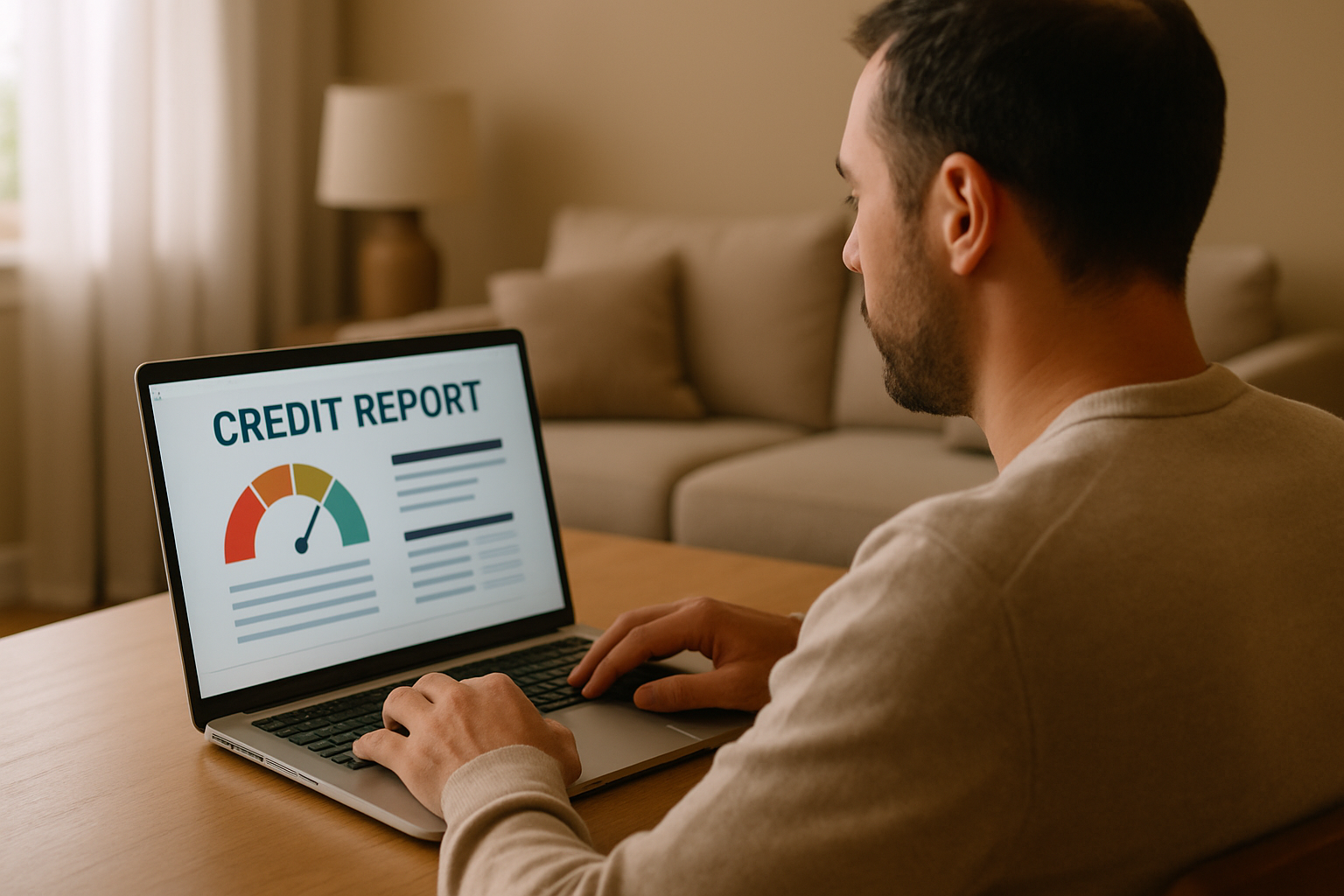 Mortgage credit and qualification review with laptop and home background