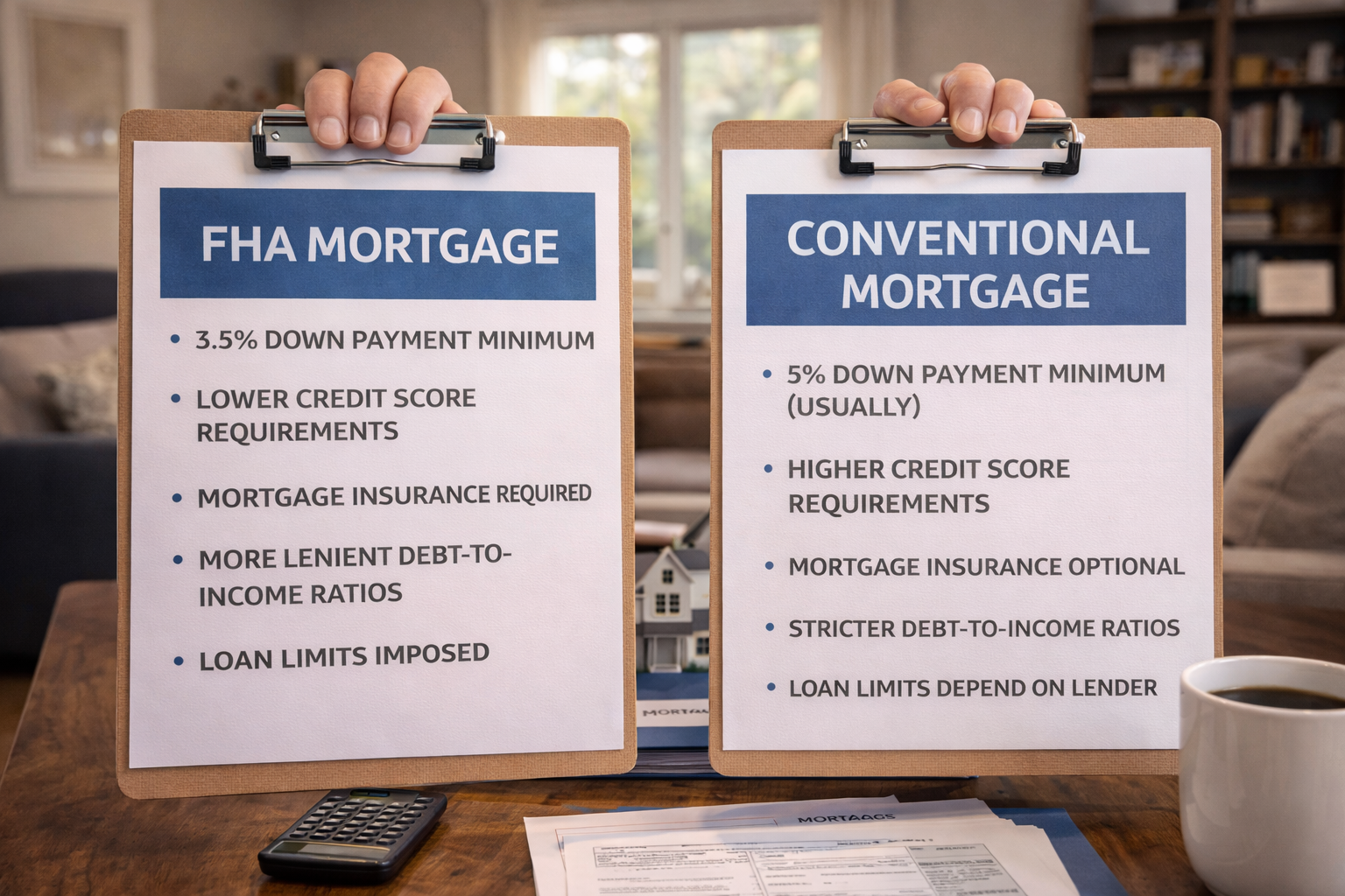 Homebuyers comparing FHA and conventional mortgage options with a loan advisor
