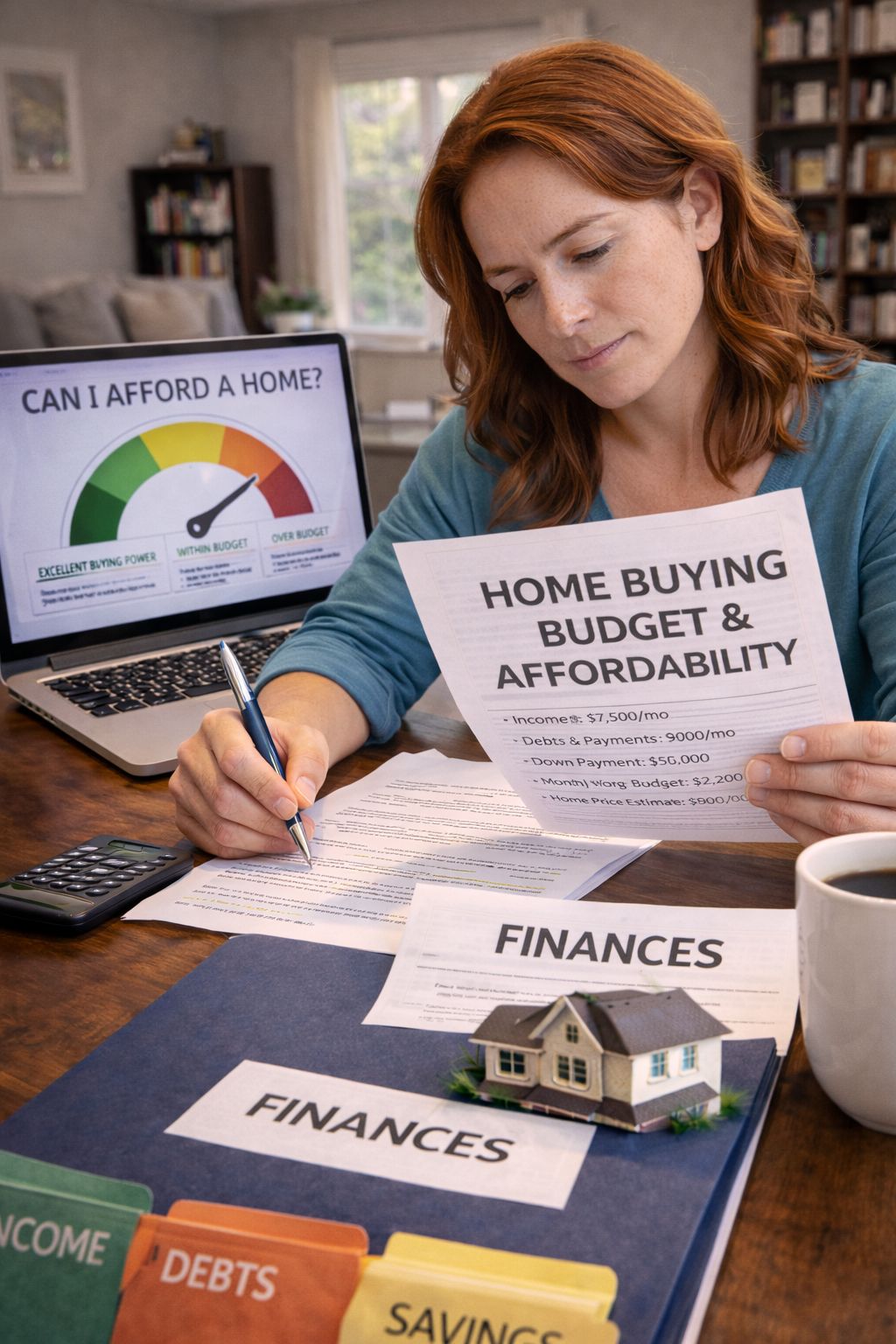 Homebuyer calculating budget and affordability for purchasing a home