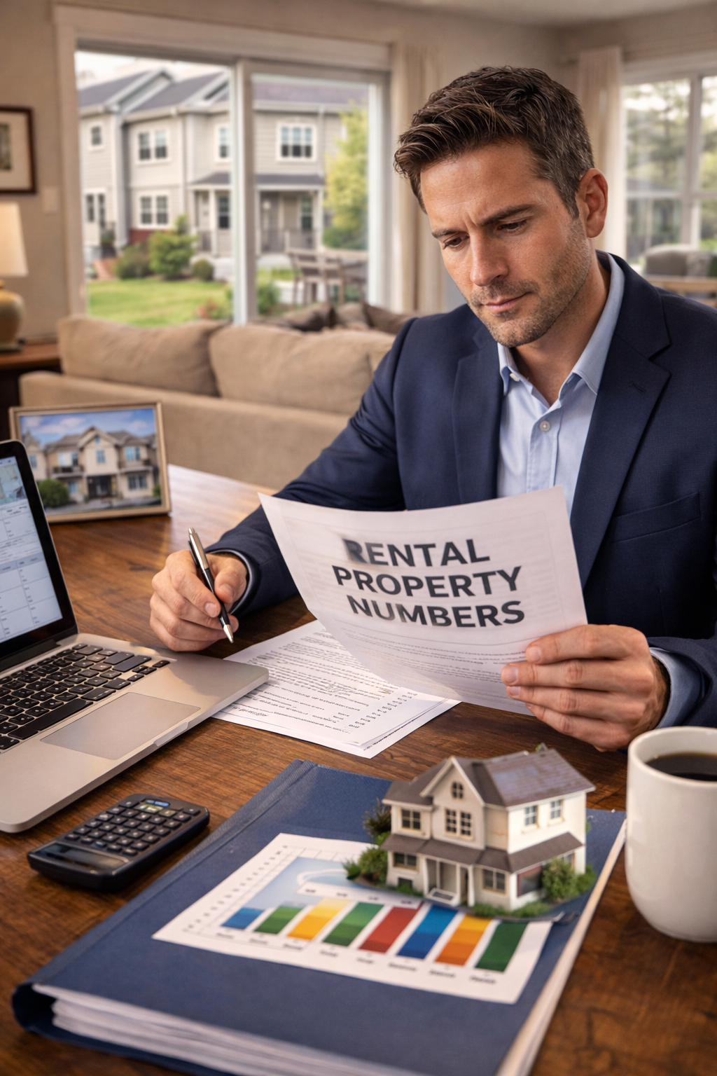 Real estate investor reviewing rental property numbers representing investor mortgage guides and investment loan education