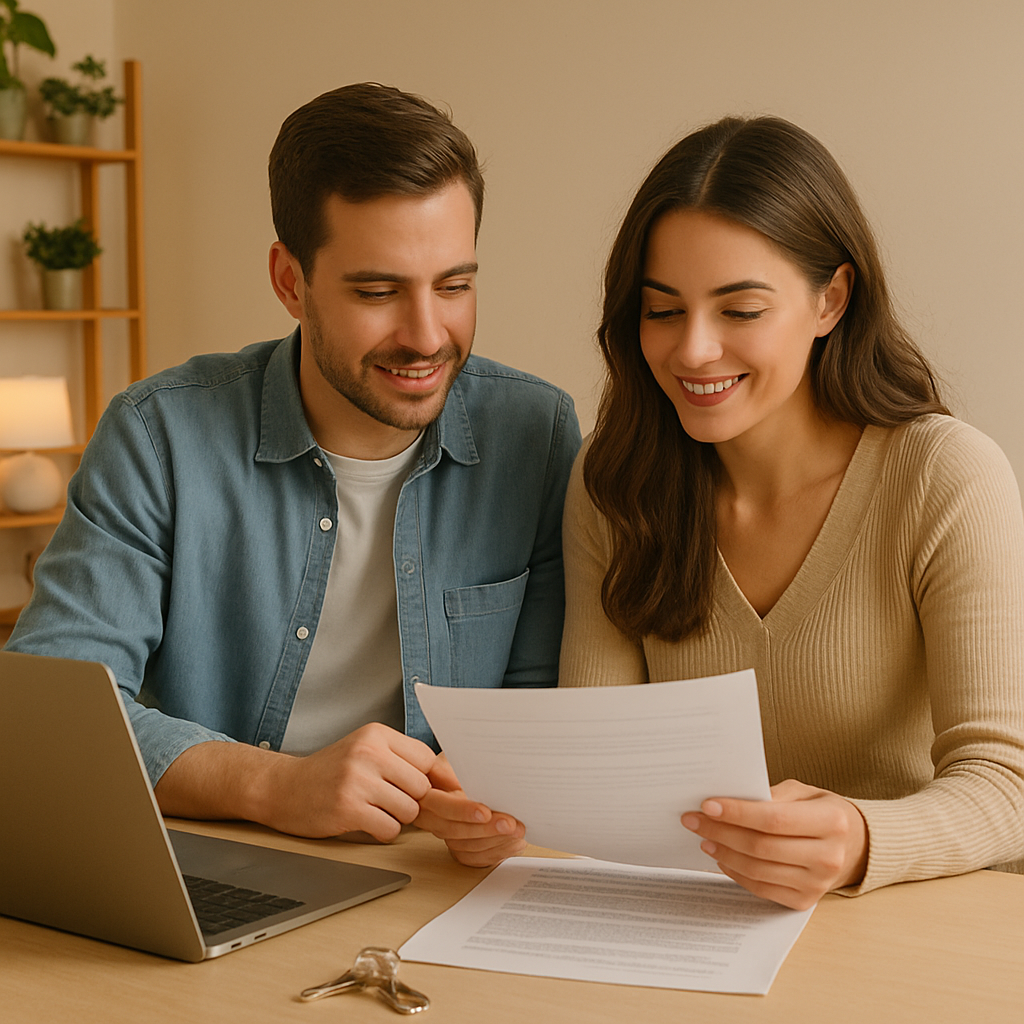 Mortgage pre approval guide with home buyers reviewing documents