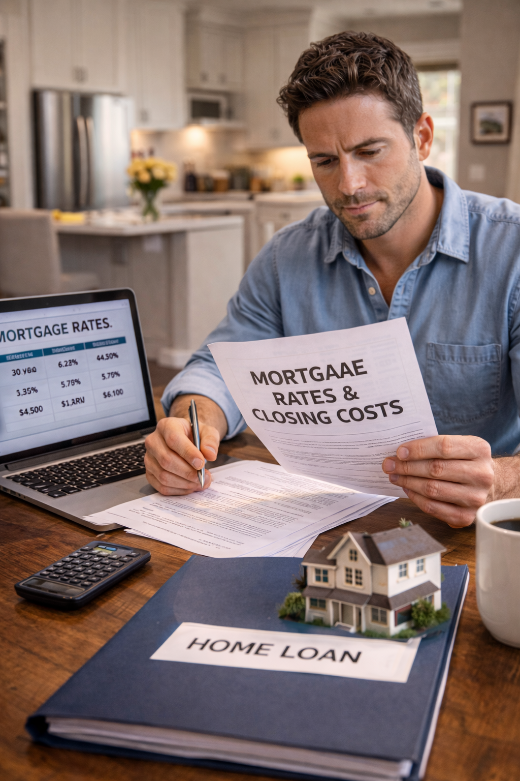 Homebuyer reviewing mortgage rates and closing costs representing mortgage rates and cost guides