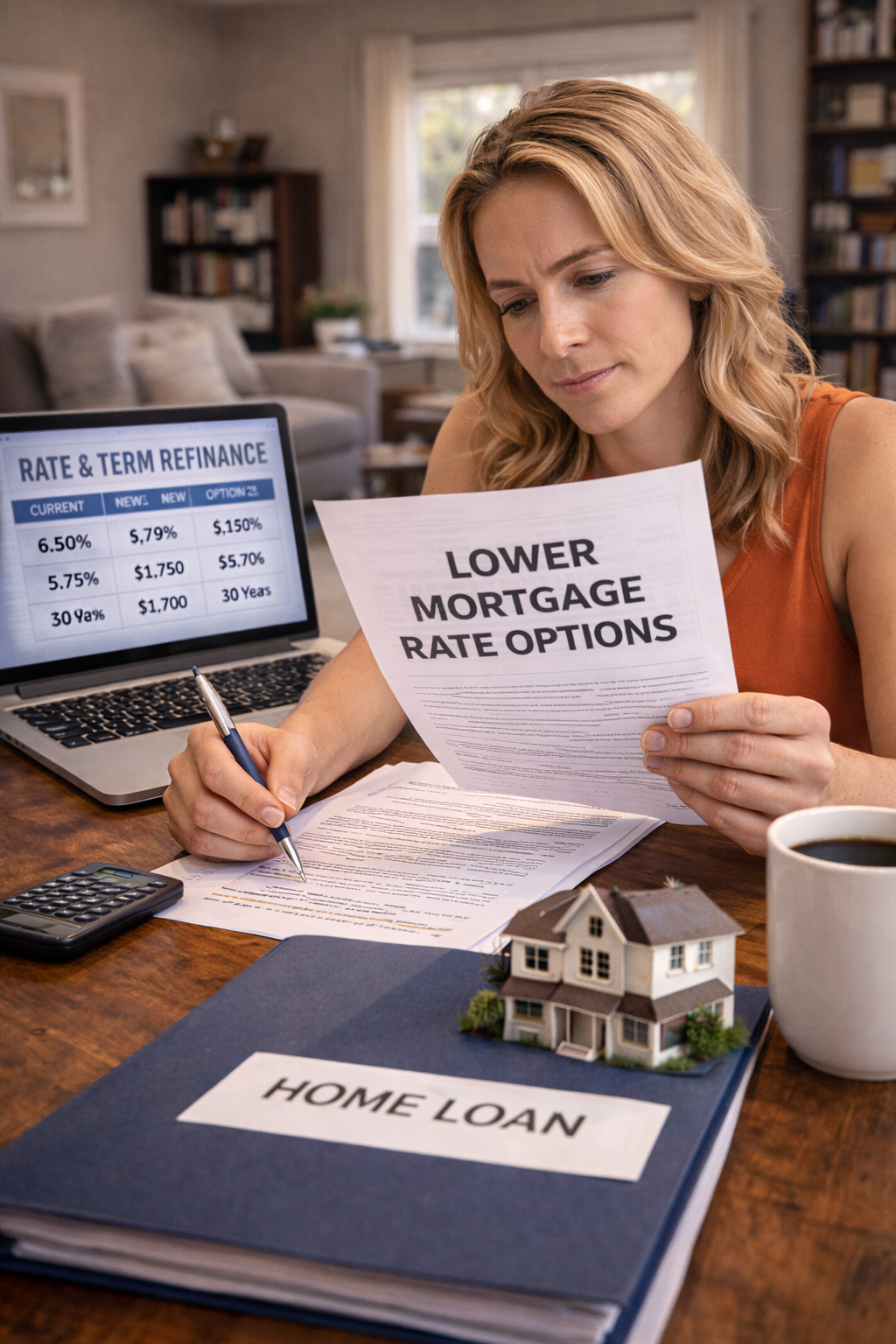 Homeowner reviewing lower mortgage rate options representing rate and term refinance guide