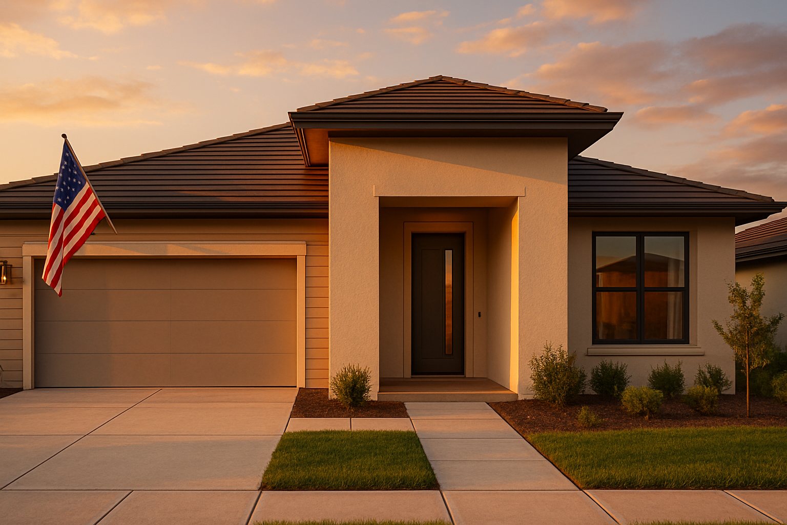 VA home loan financing concept with home exterior in warm lighting