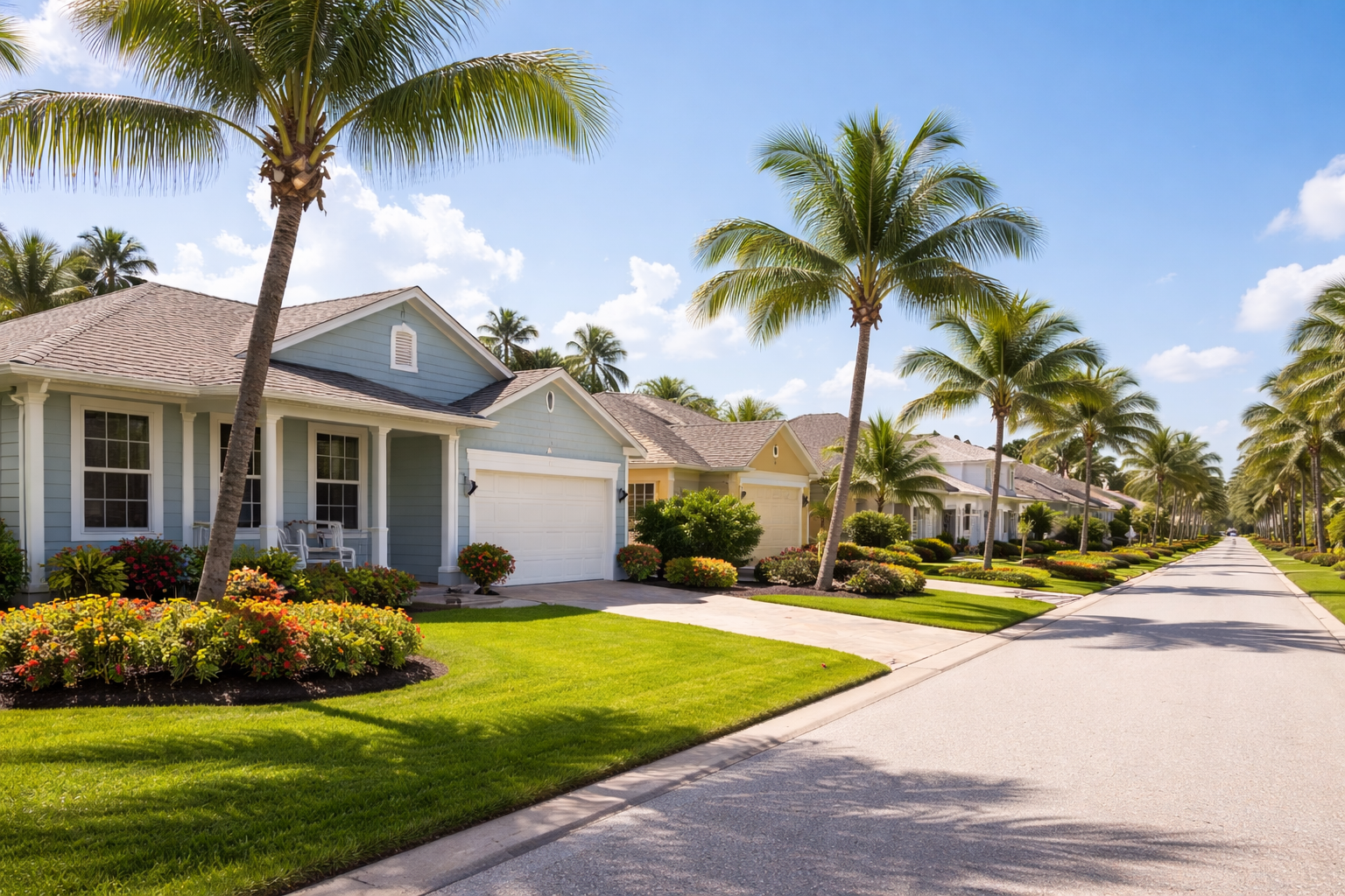Residential neighborhood streetscape in Titusville Florida representing FHA homebuyers