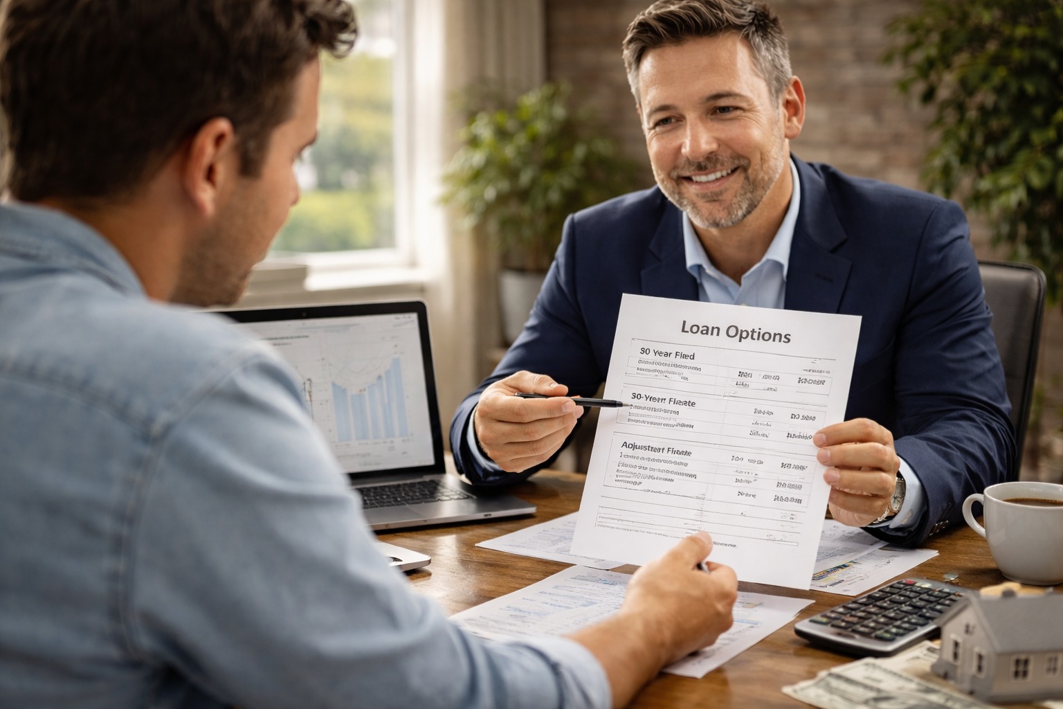 Homebuyer meeting with a mortgage broker to compare loan options and get pre approved