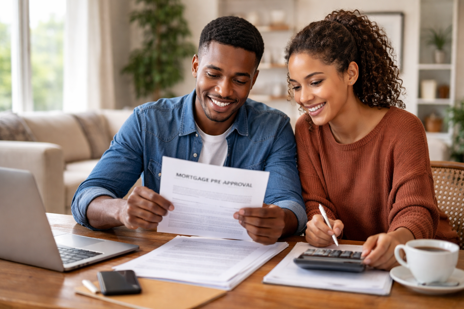Homebuyer reviewing mortgage pre-approval documents at a desk