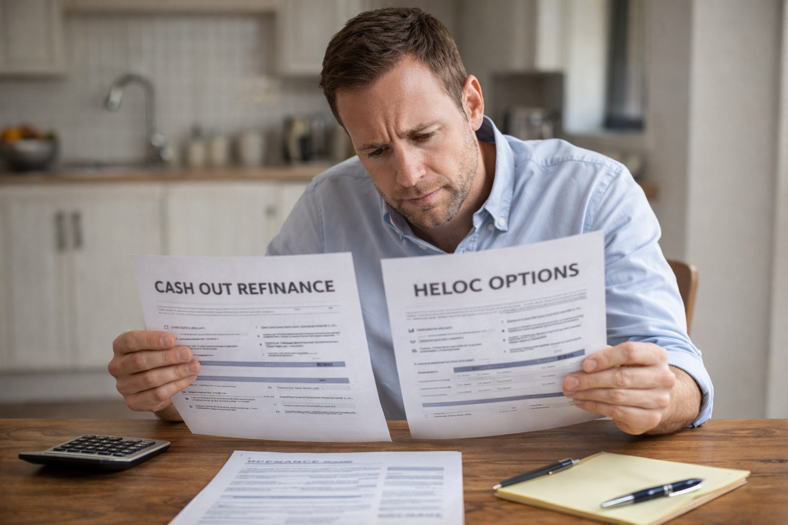 Homeowner comparing cash out refinance and HELOC options at a kitchen table