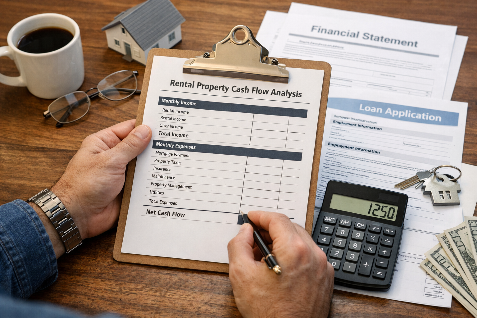 Investor reviewing rental property cash flow with lender documents and a calculator
