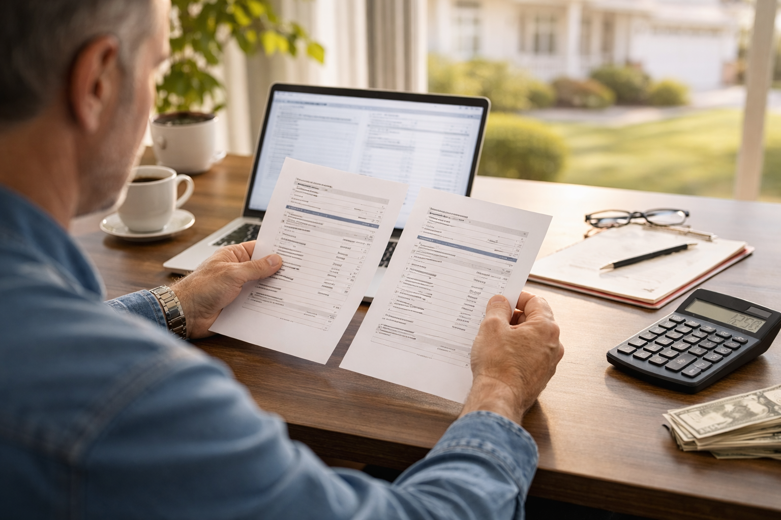 Real estate investor comparing two loan options on a laptop with rental property in background