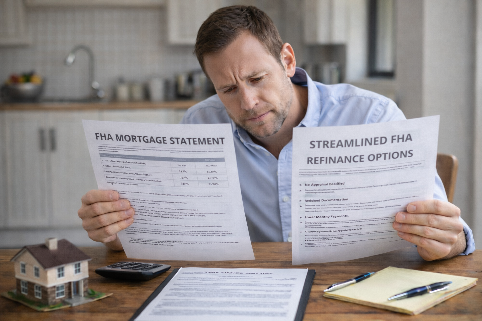 Homeowner reviewing FHA mortgage statement and streamlined refinance options