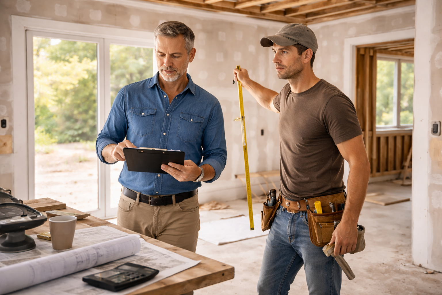 Real estate investor touring a renovation project with a contractor while reviewing rehab financing paperwork