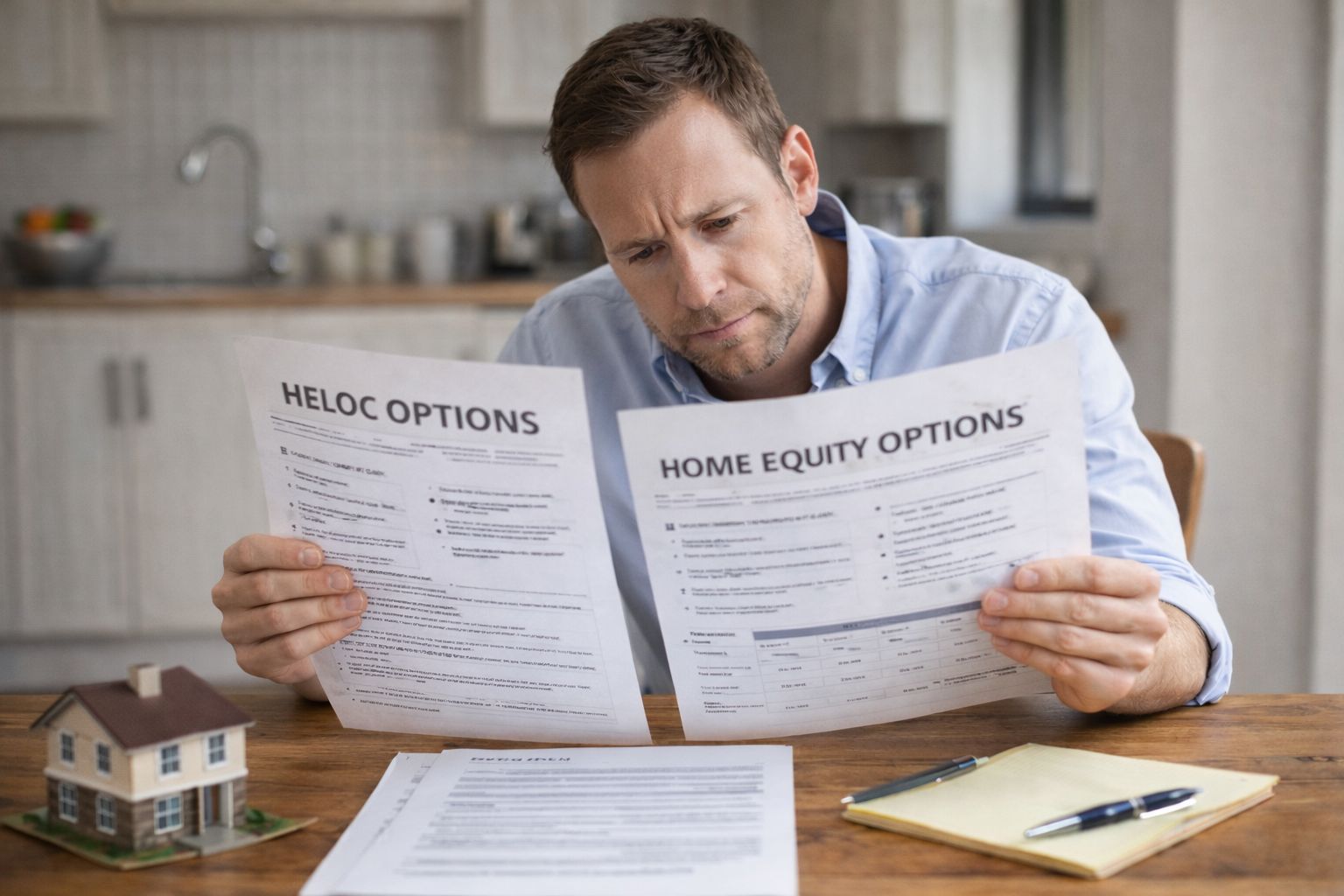 Homeowner comparing HELOC versus home equity loan options at a kitchen table
