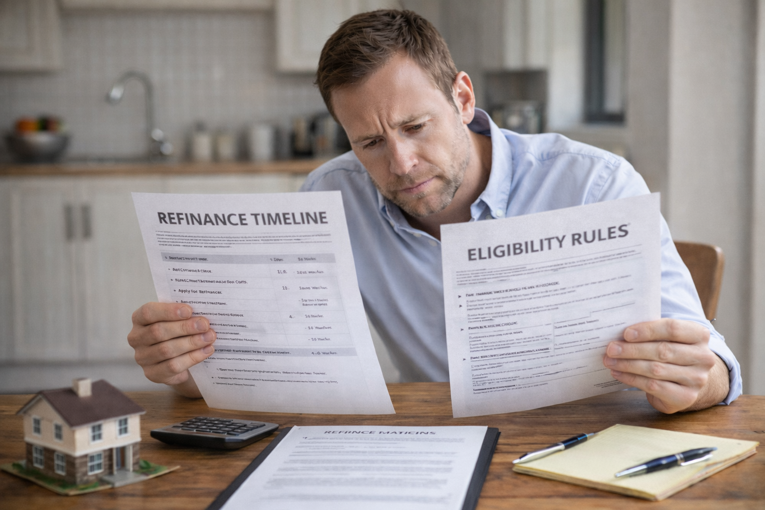 Homeowner reviewing timeline and eligibility rules for refinancing a mortgage