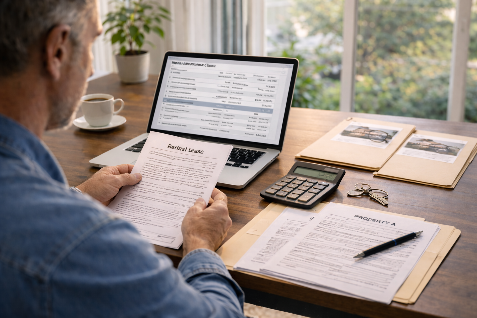 Rental property investor reviewing refinance offer and equity numbers on a laptop with property documents