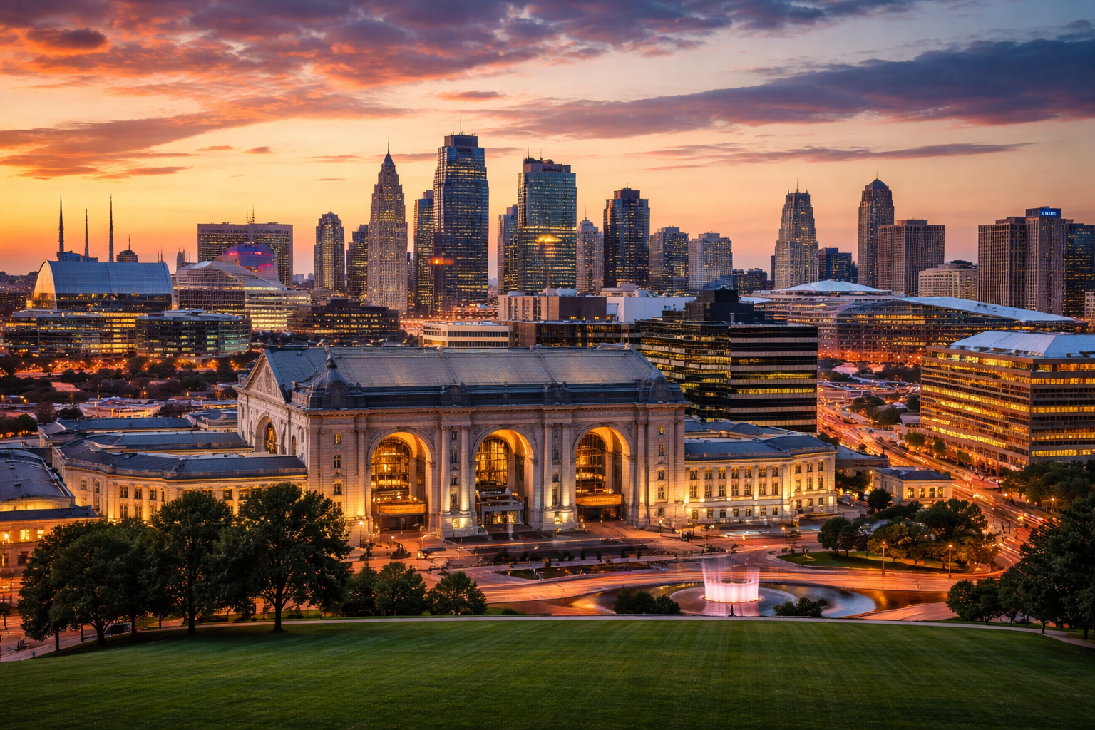 Kansas City Missouri skyline at sunset