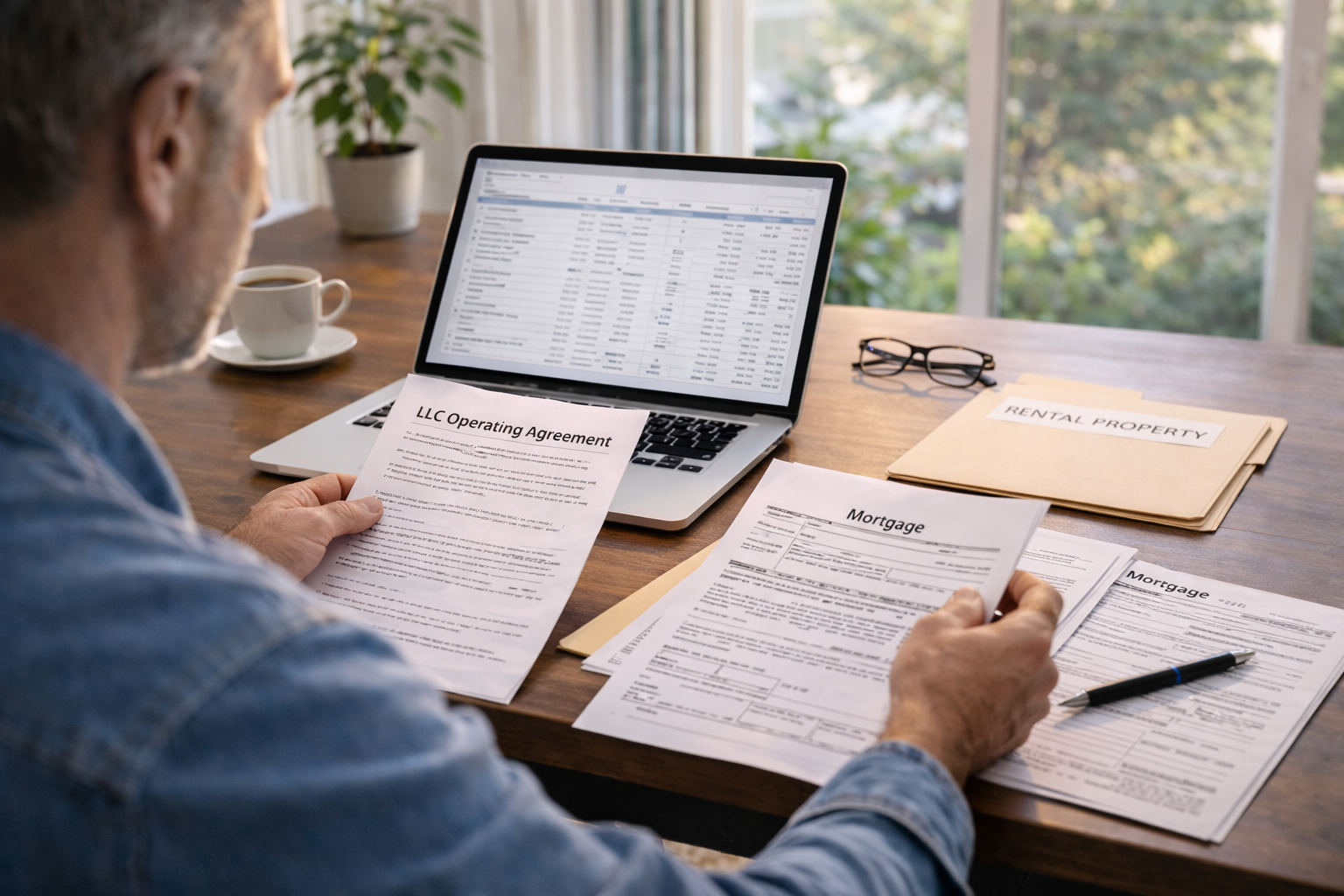 Investor reviewing LLC documents and mortgage paperwork with a rental property folder on a desk