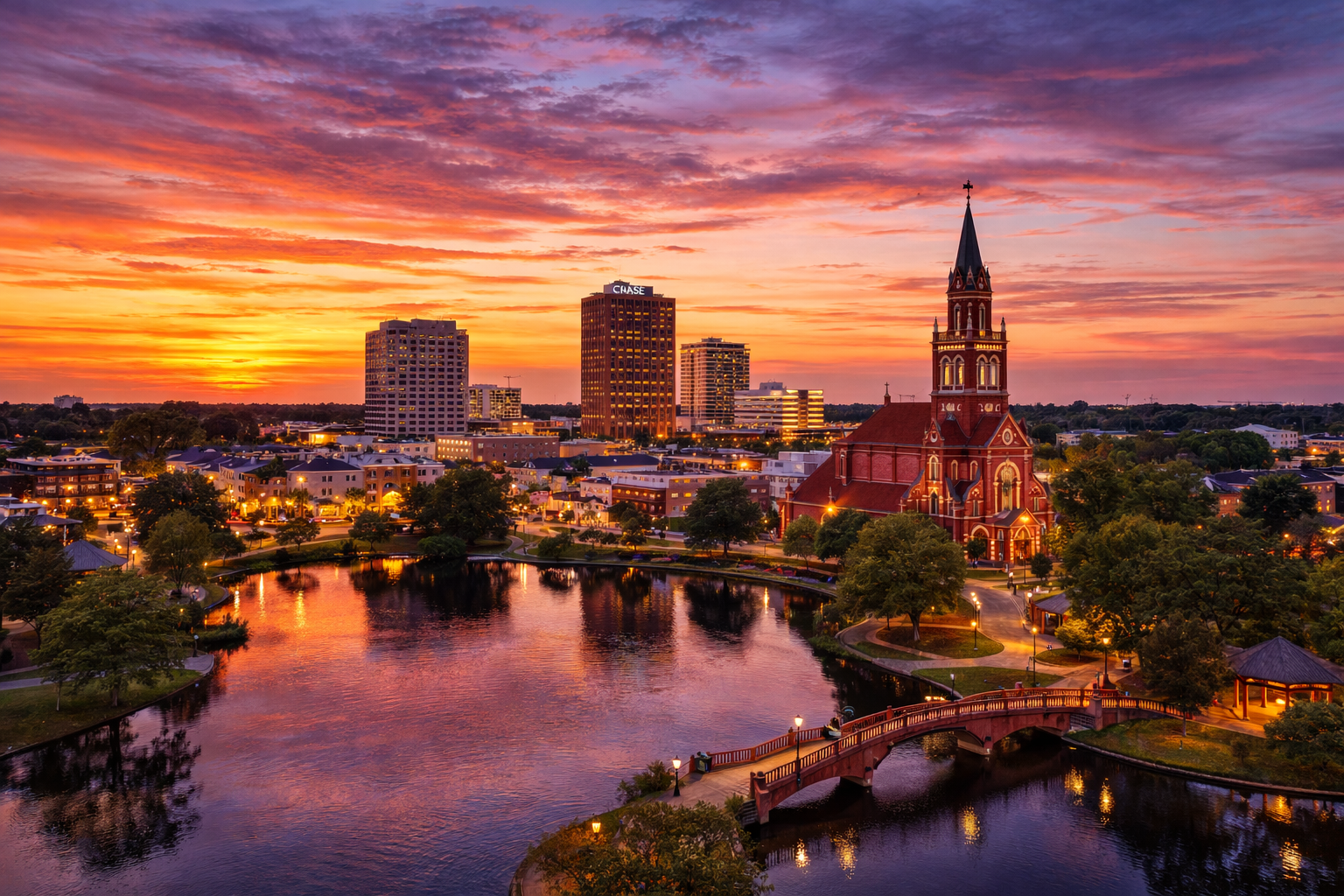 Lafayette Louisiana skyline at sunset