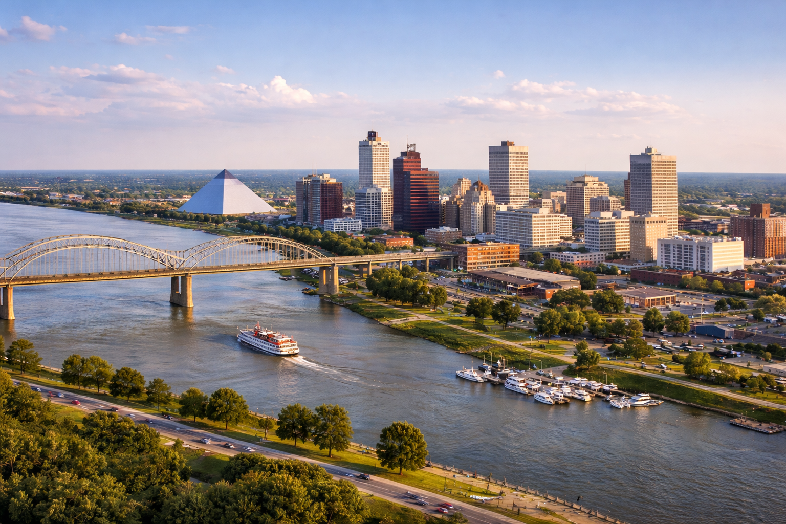 Memphis Tennessee skyline at sunset over the Mississippi River