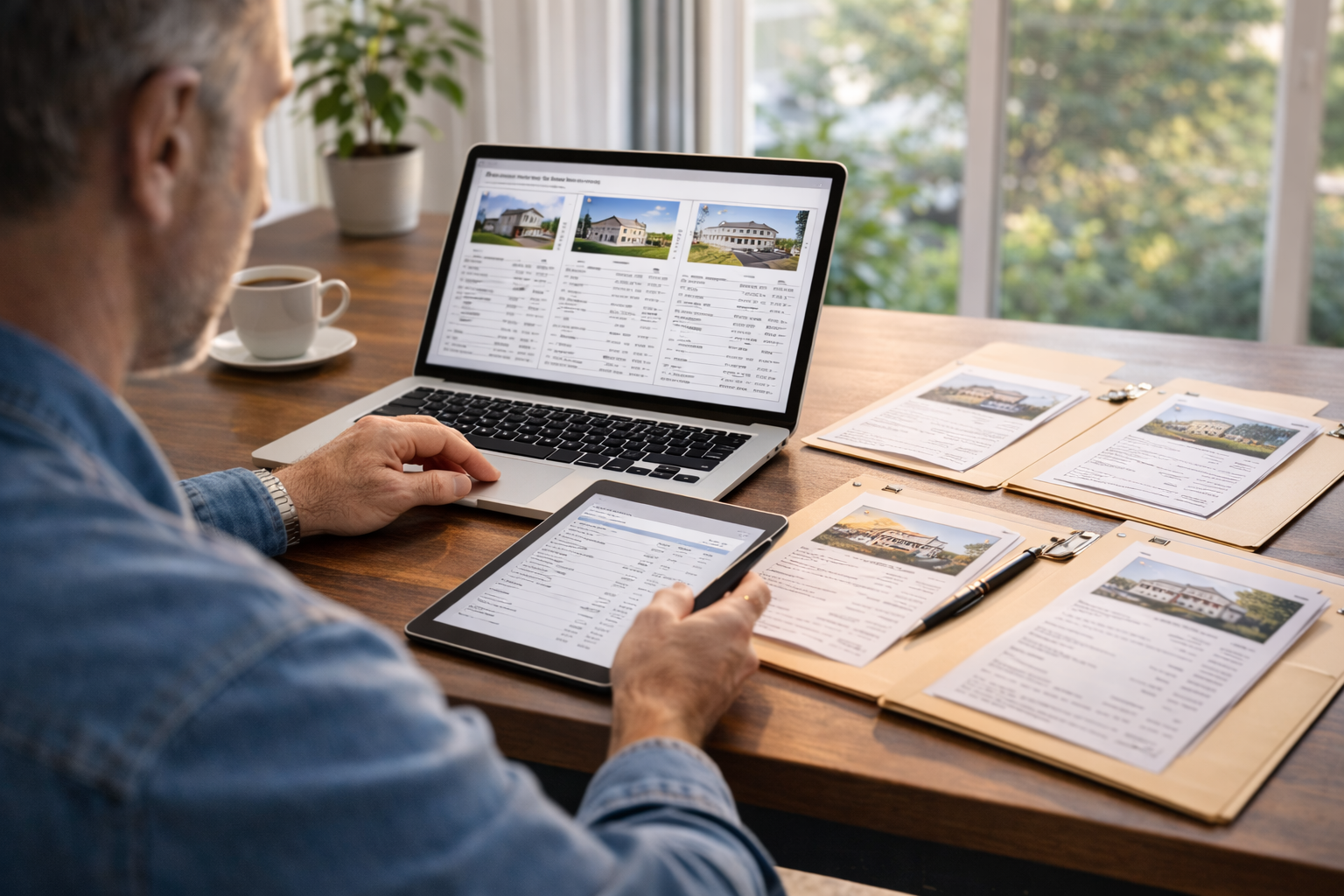 Real estate investor reviewing multiple rental properties and financing documents on a desk with a laptop