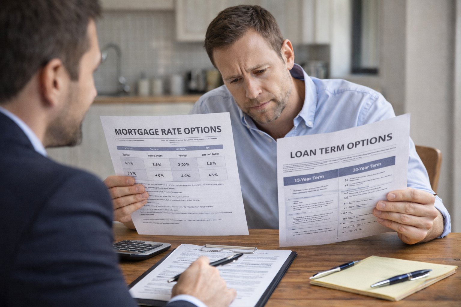 Homeowner reviewing mortgage rate and loan term options during a refinance consultation