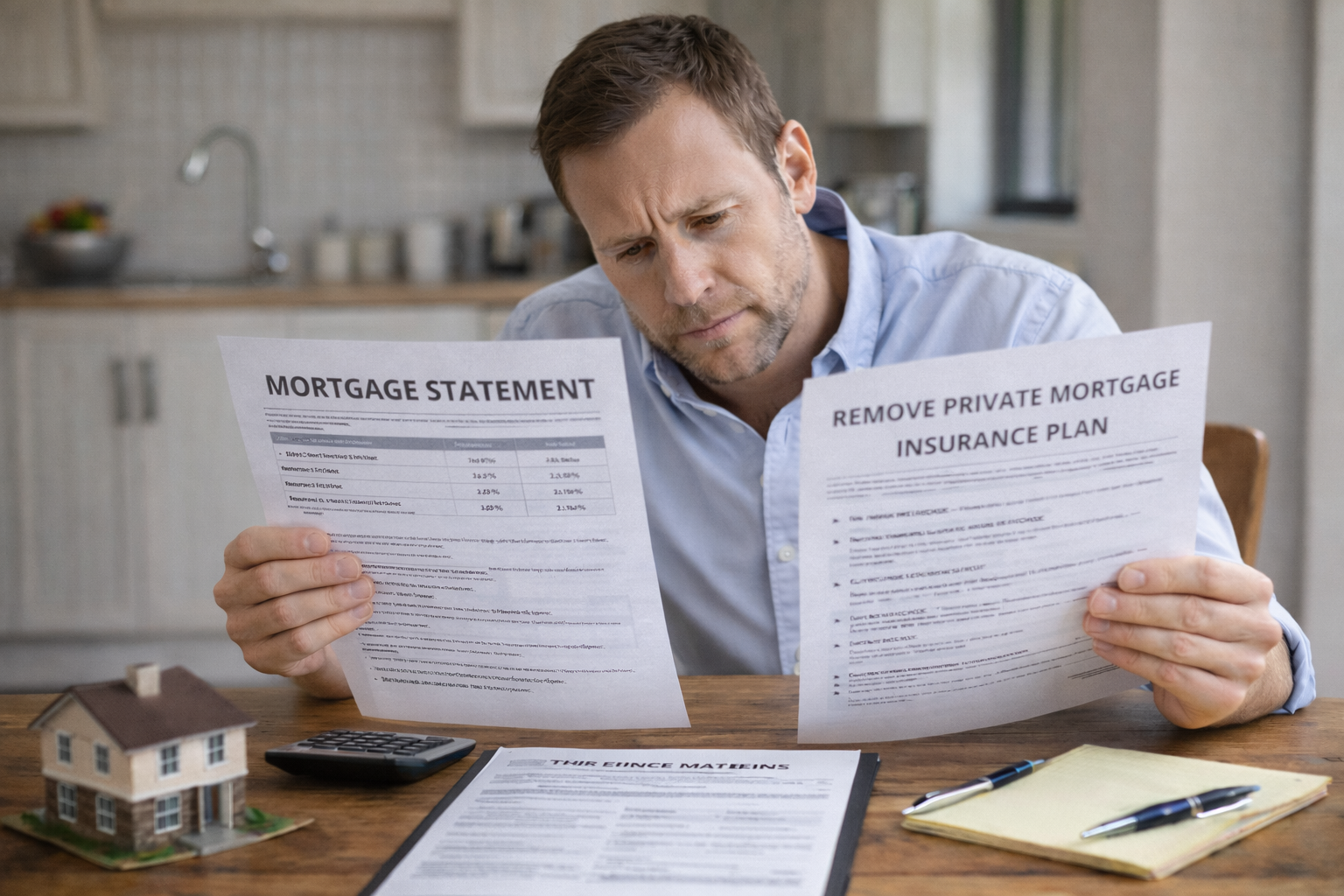 Homeowner reviewing a mortgage statement and equity plan to remove private mortgage insurance