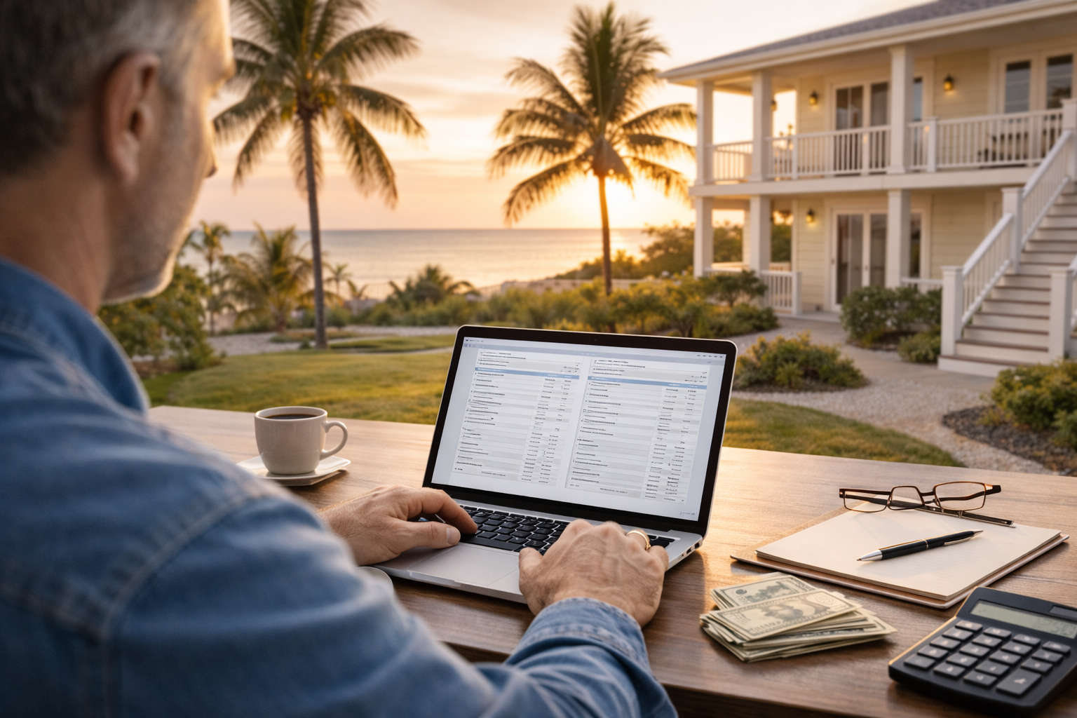 Florida rental home near the coast with an investor reviewing financing documents