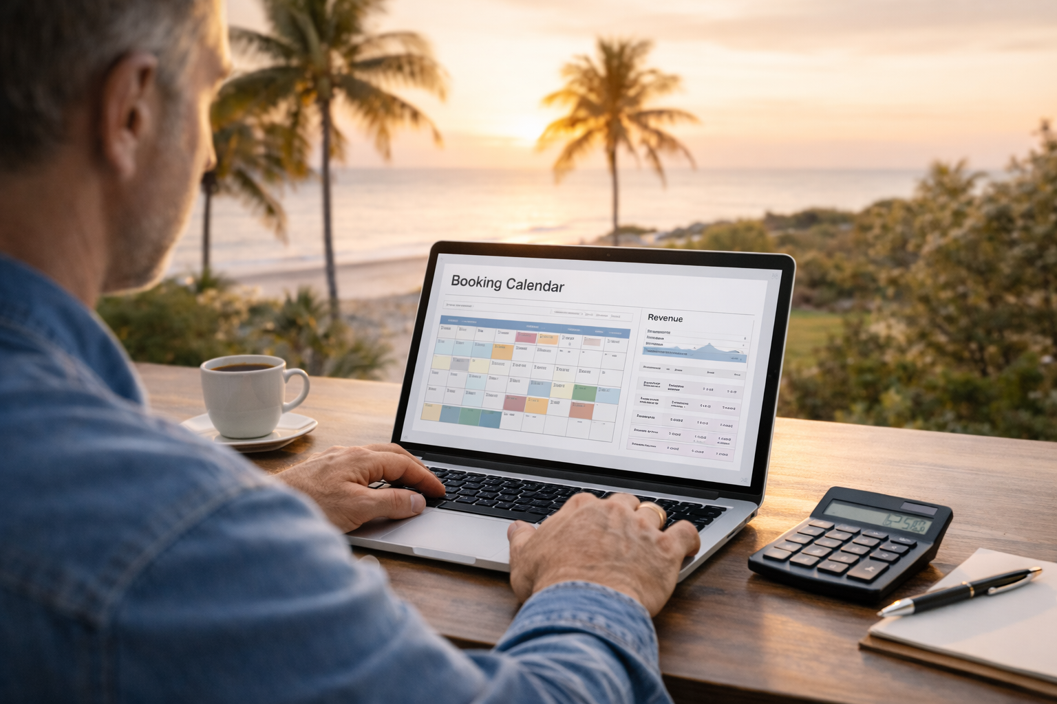 Vacation rental investor reviewing Airbnb income and financing documents on a laptop