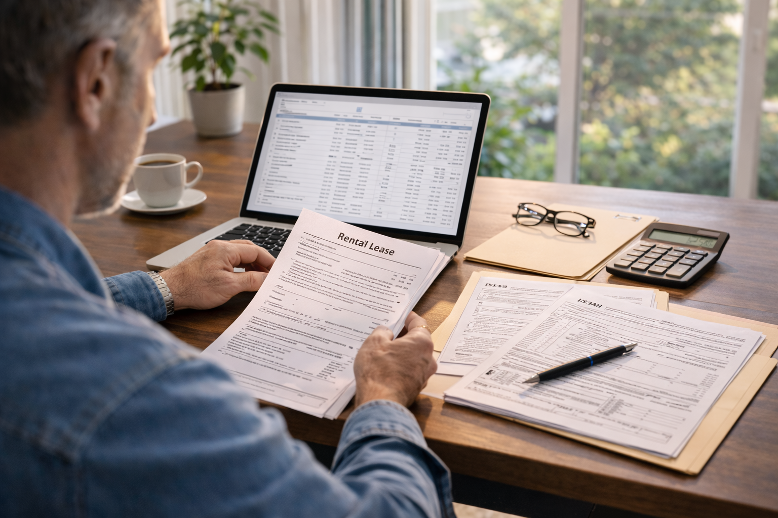 Real estate investor reviewing rental income documents and tax returns at a desk with a calculator and laptop