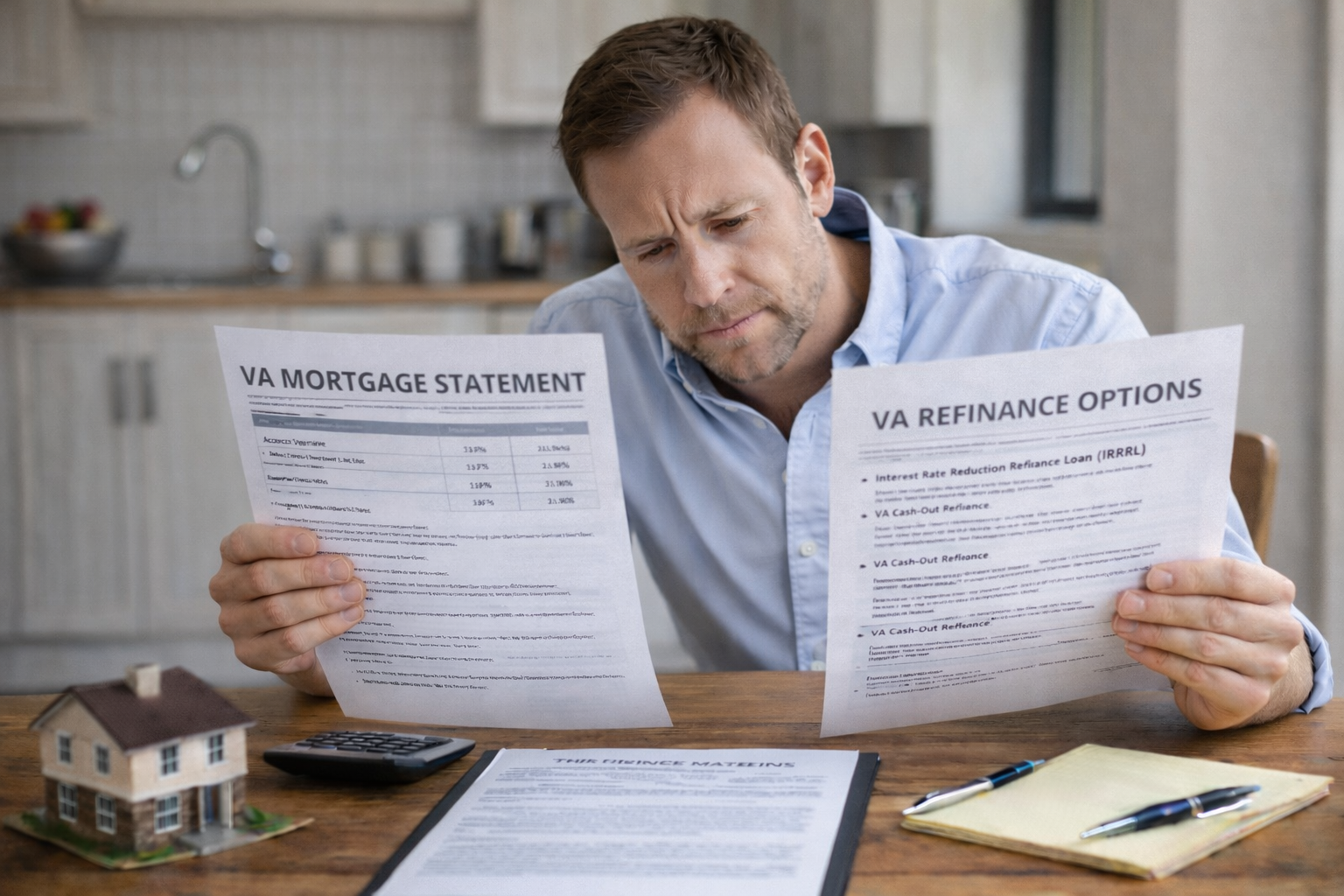 Veteran homeowner reviewing VA mortgage documents and refinance options at a kitchen table