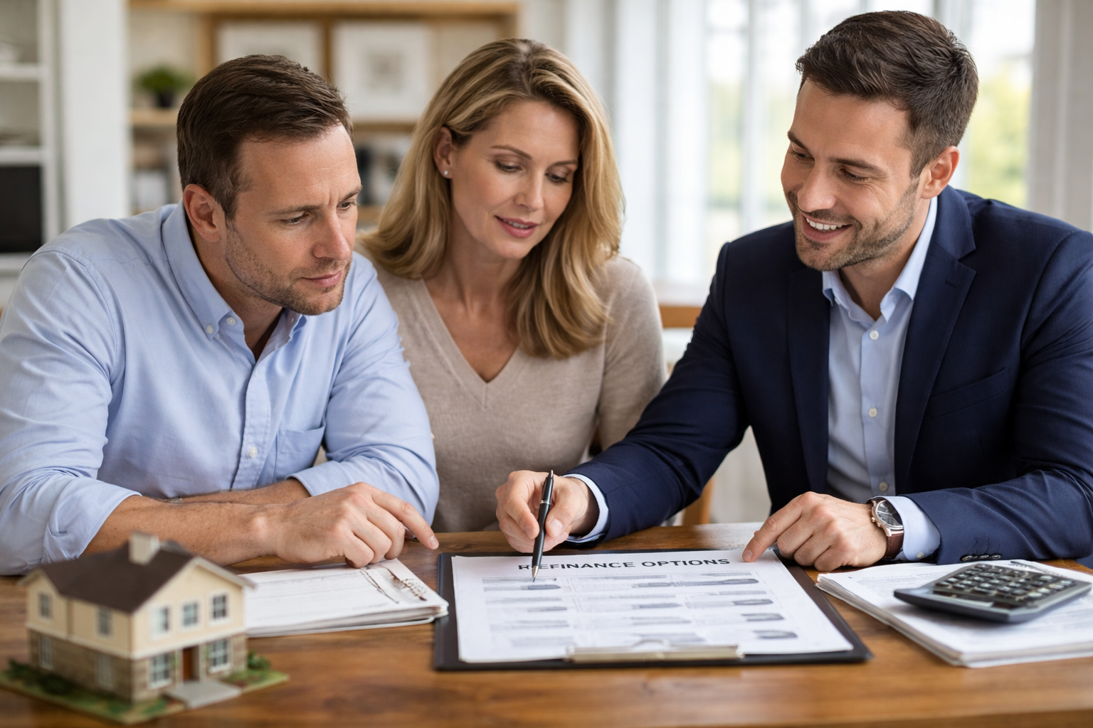 Homeowner reviewing refinance options and mortgage savings with a lender