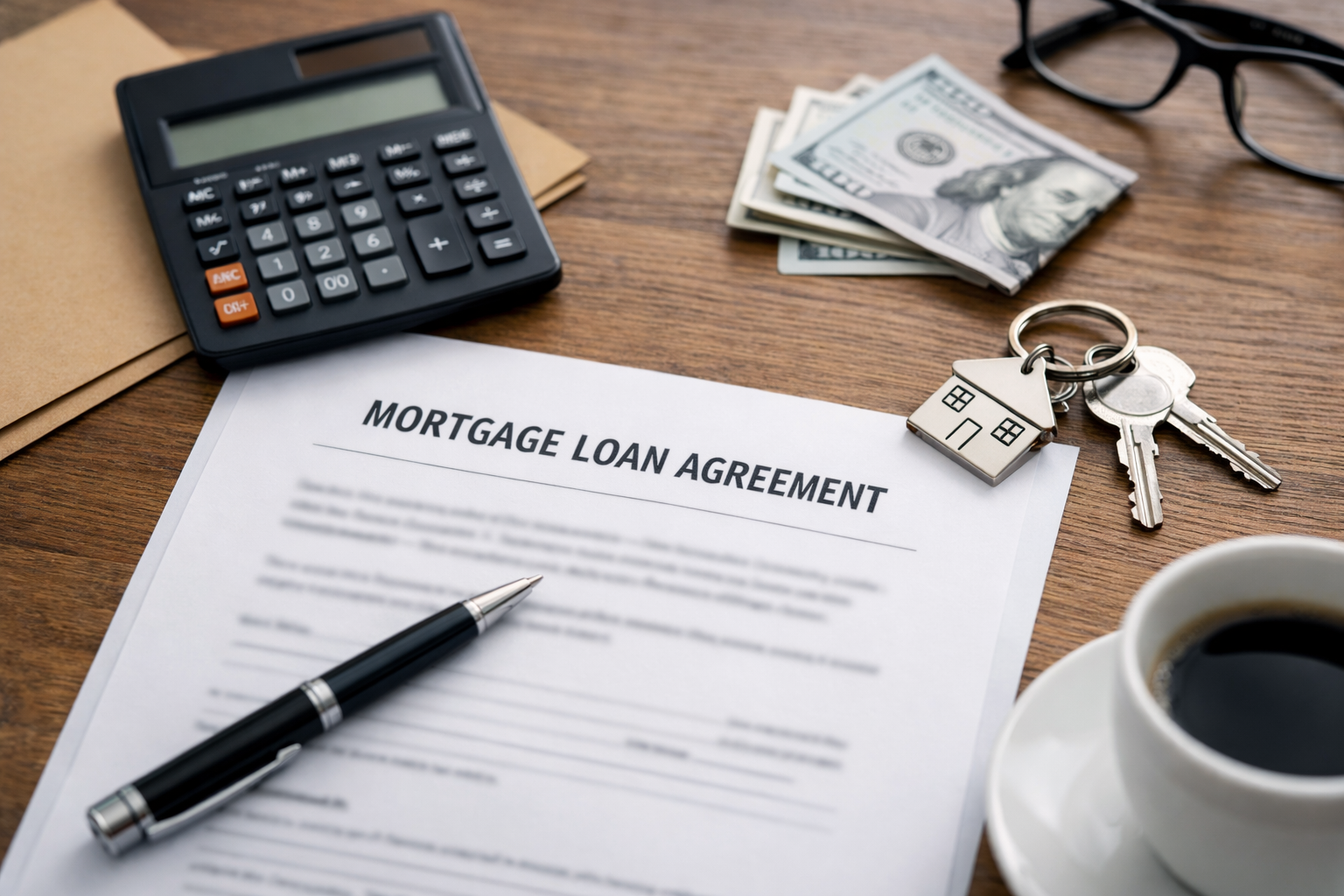 Mortgage documents and a home in the background