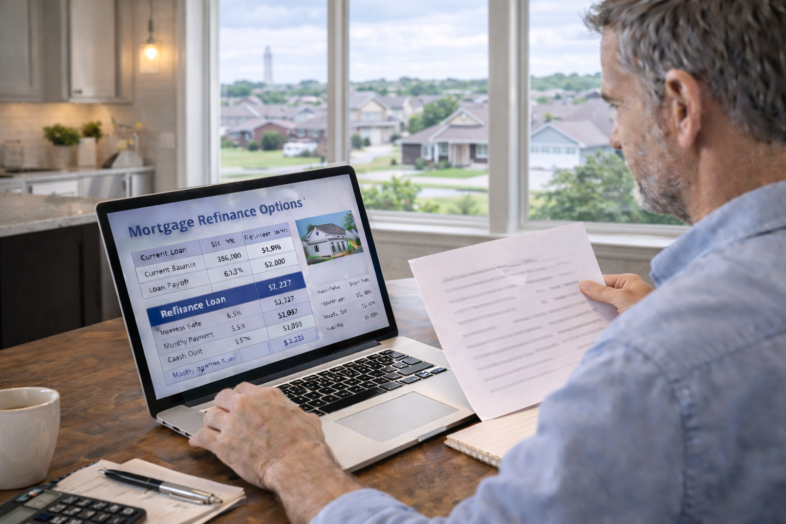 Baton Rouge Louisiana homeowner reviewing mortgage refinance options with laptop and financial documents