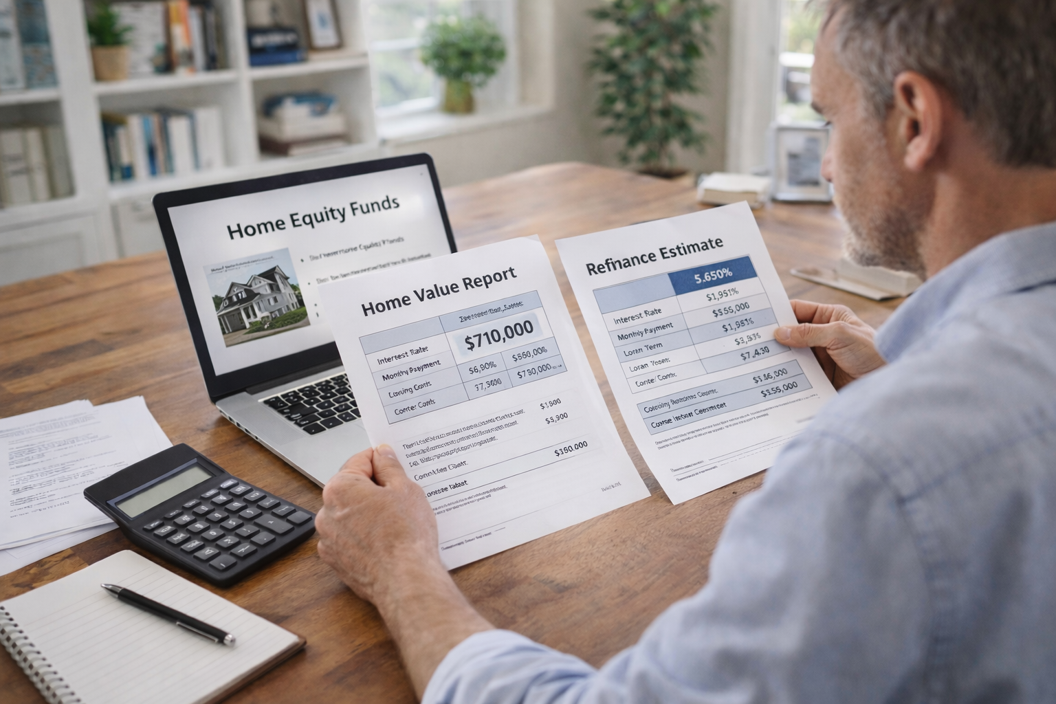 Homeowner reviewing refinance documents and home value report to access equity through a cash out refinance