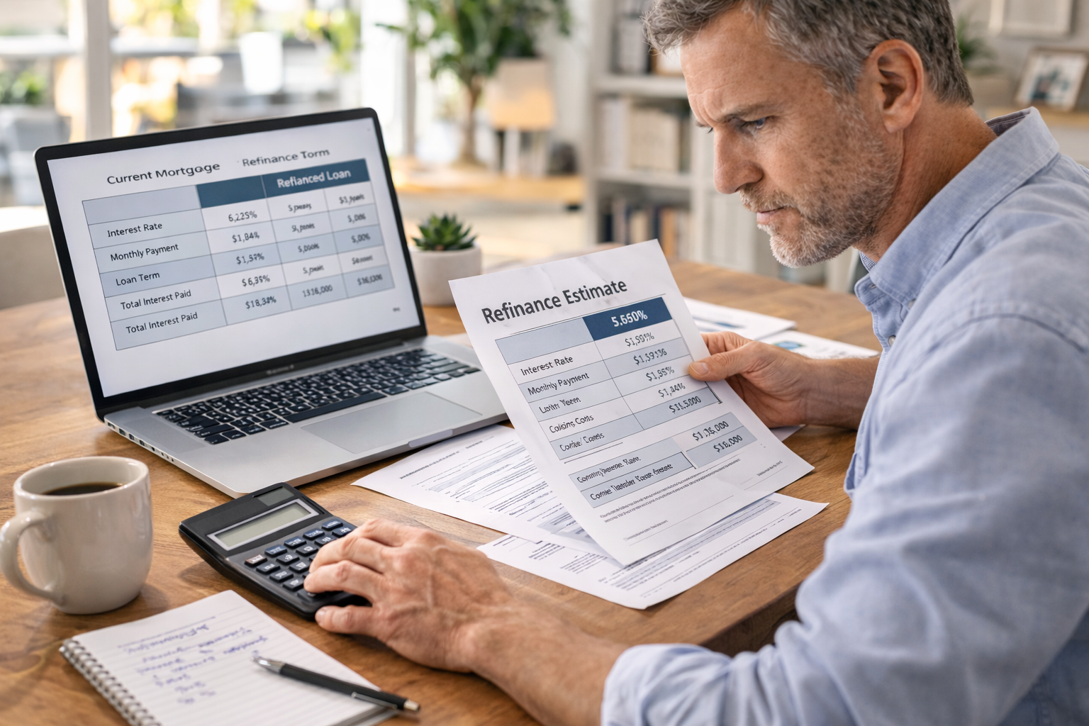 Homeowner reviewing mortgage refinance documents while evaluating risks of cash out refinancing