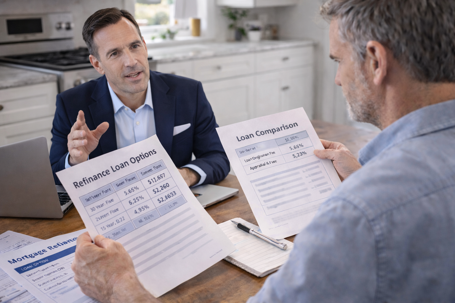 Homeowner reviewing mortgage refinance options to lower interest rate with conventional rate and term refinance