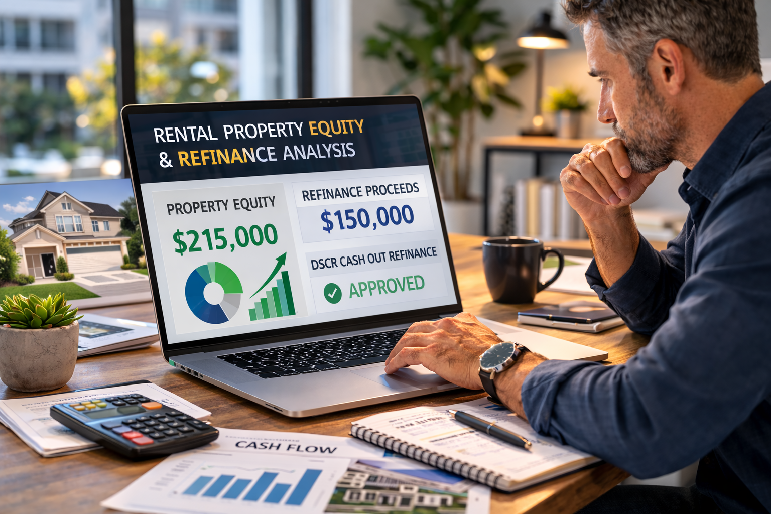 real estate investor reviewing rental property equity, refinance proceeds, and DSCR cash out refinance options on a laptop in a professional office