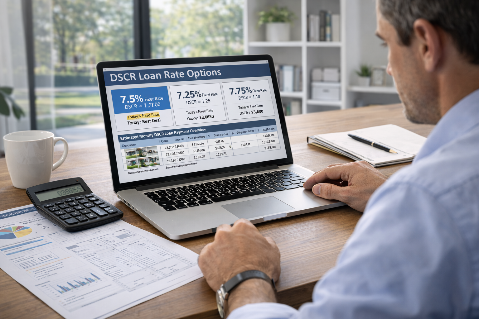 Real estate investor reviewing DSCR loan rates and rental property financing options