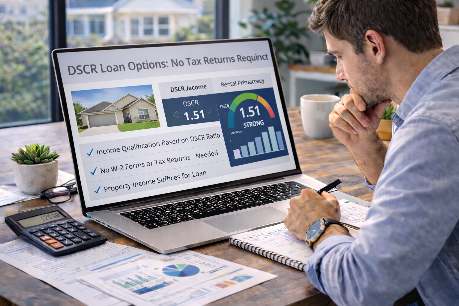real estate investor reviewing DSCR loan options with no tax returns required for rental property financing on a laptop in a bright professional office