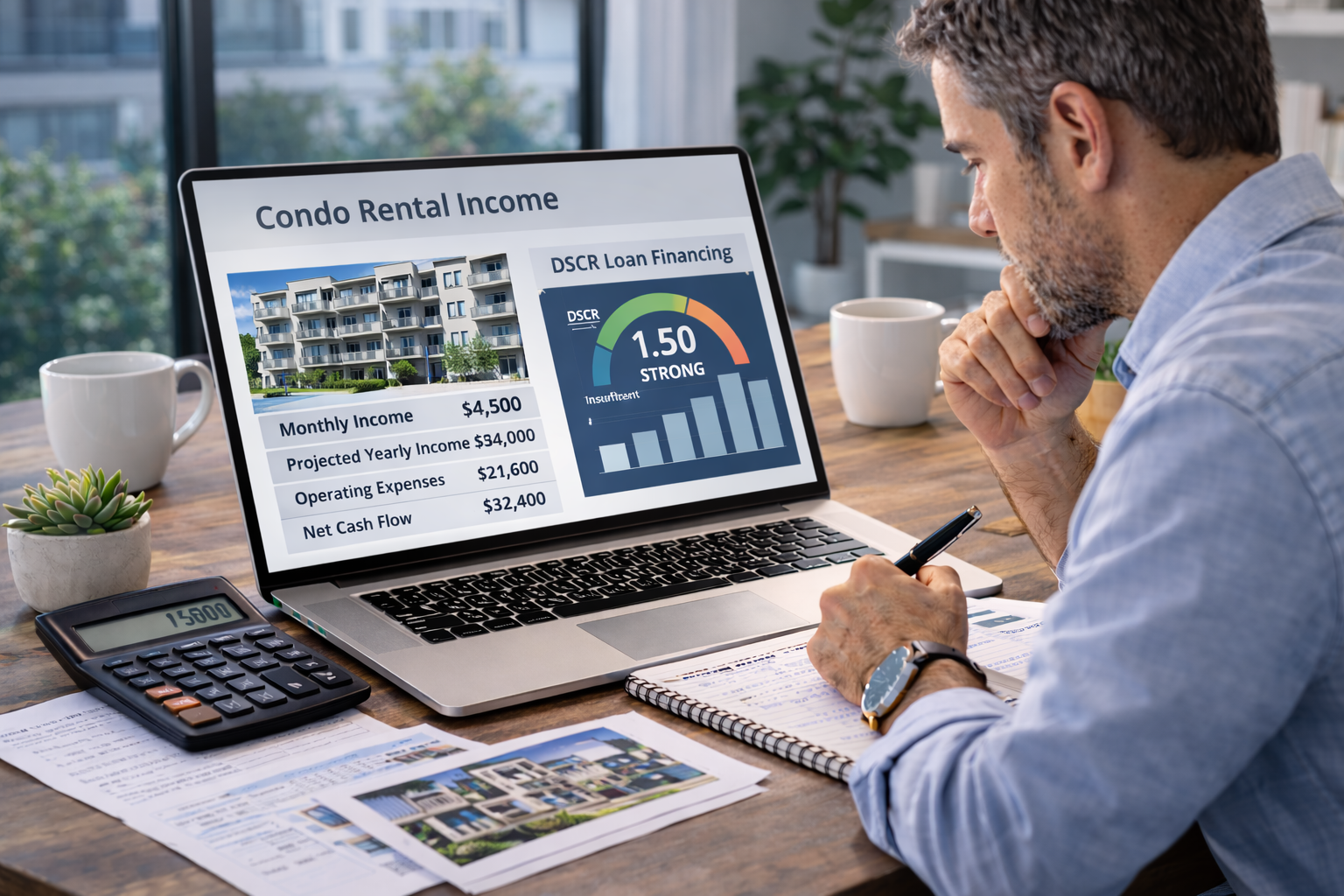 real estate investor analyzing condo rental income and DSCR loan financing for an investment property on a laptop in a bright modern office