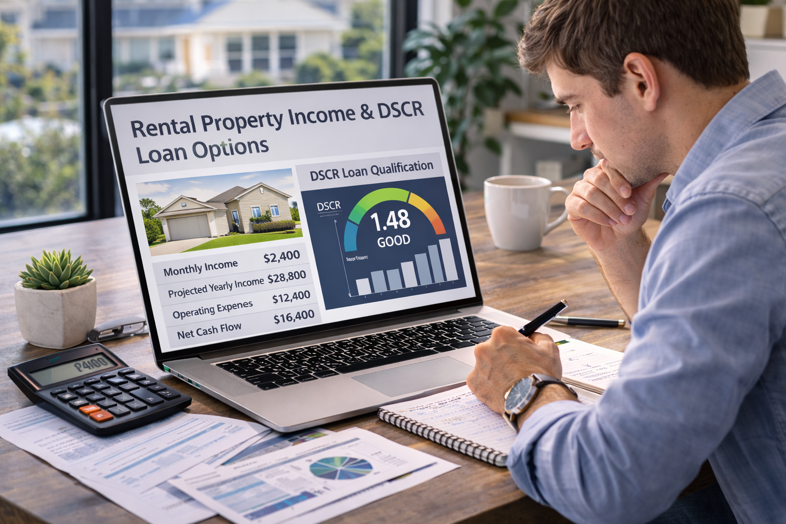 first time real estate investor reviewing rental property income and DSCR loan options on a laptop in a bright professional office