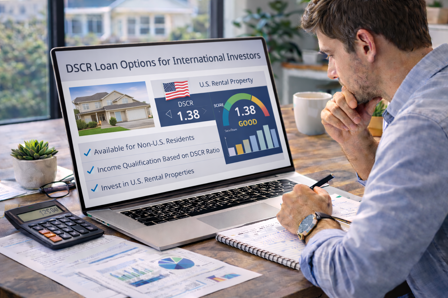 international real estate investor reviewing DSCR loan options for US rental property financing on a laptop in a bright professional office