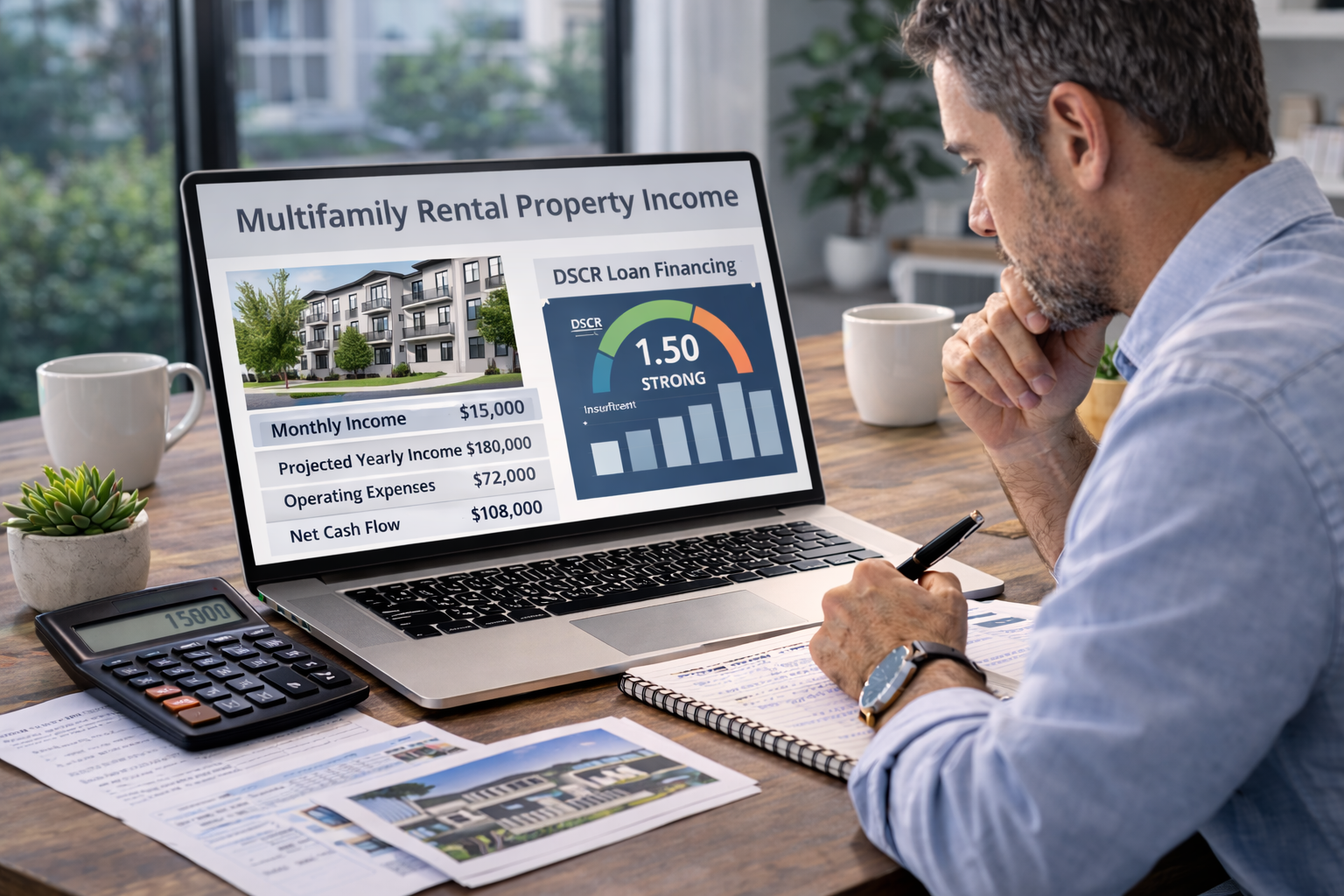 real estate investor reviewing multifamily rental property income and DSCR loan financing analysis on a laptop in a professional office