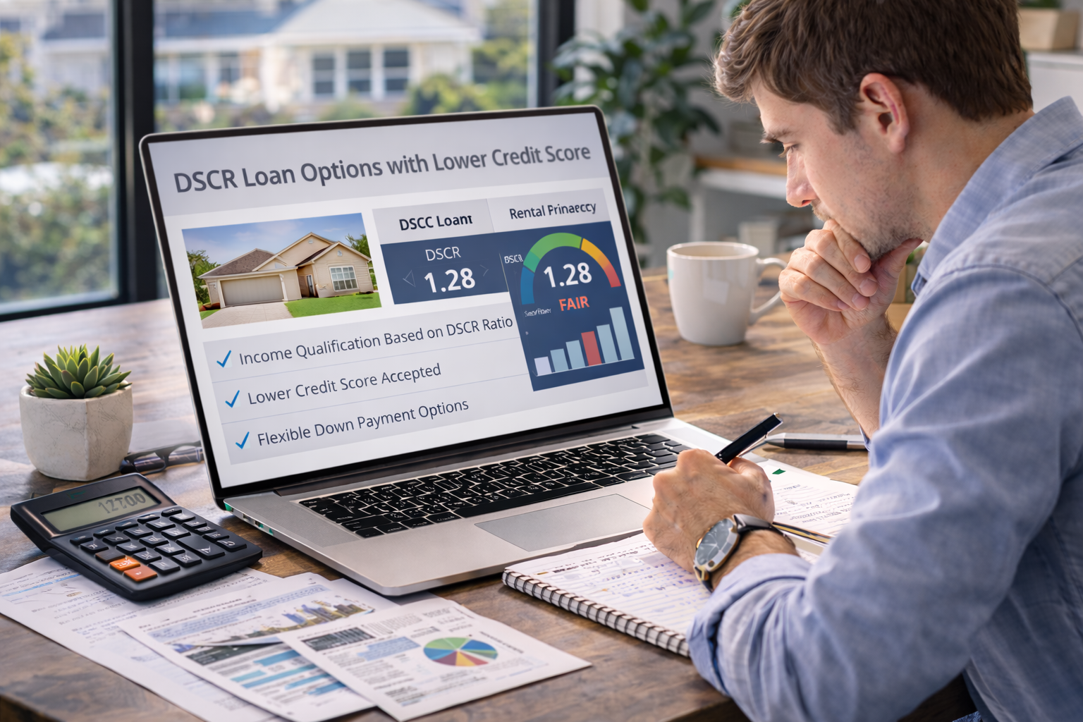 real estate investor reviewing DSCR loan options for rental property financing with a lower credit score on a laptop in a bright professional office