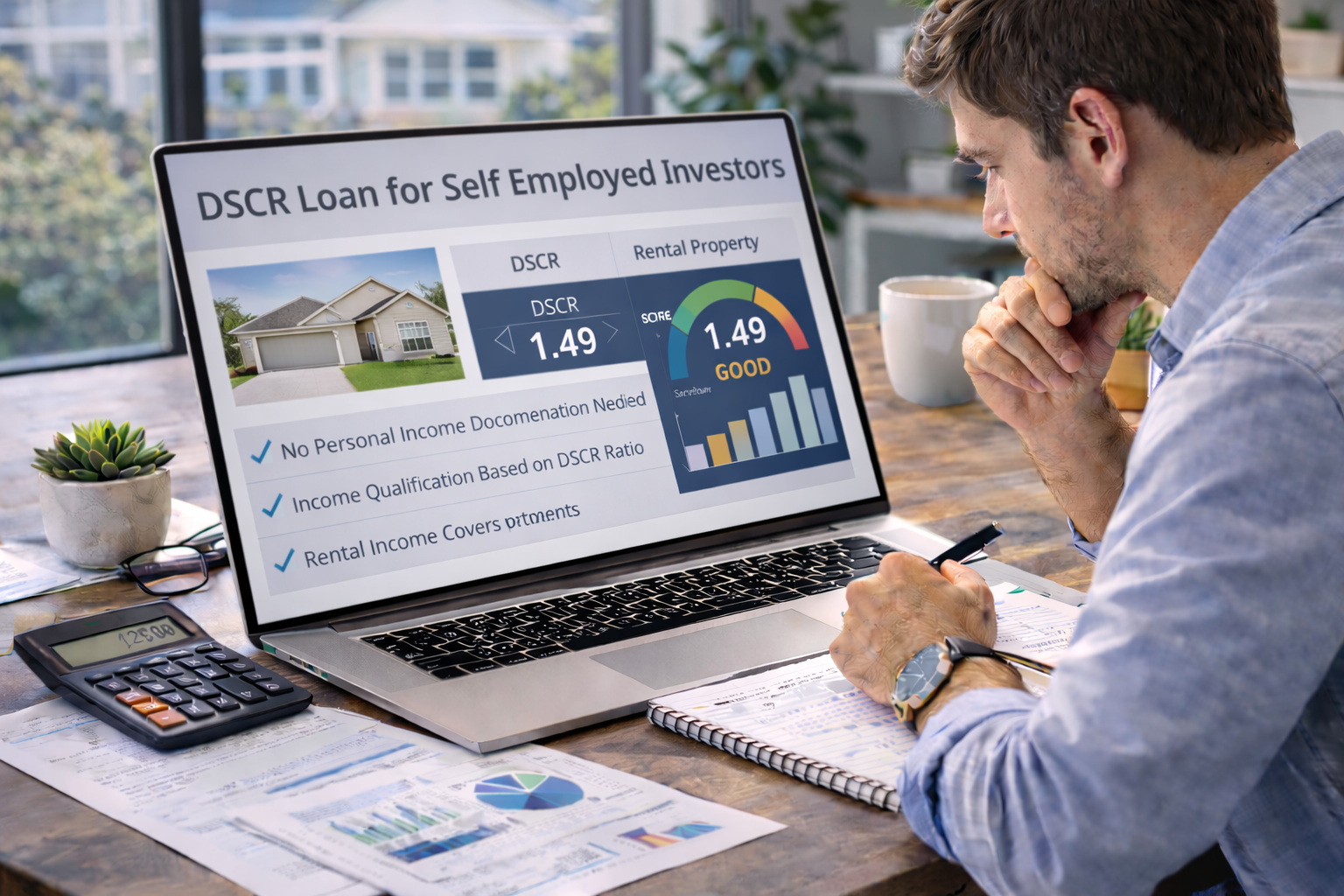 self employed real estate investor reviewing DSCR loan rental property financing on a laptop in a modern professional office