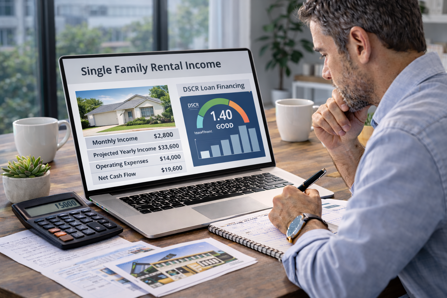 real estate investor reviewing single family rental property income and DSCR loan financing options on a laptop in a bright professional office